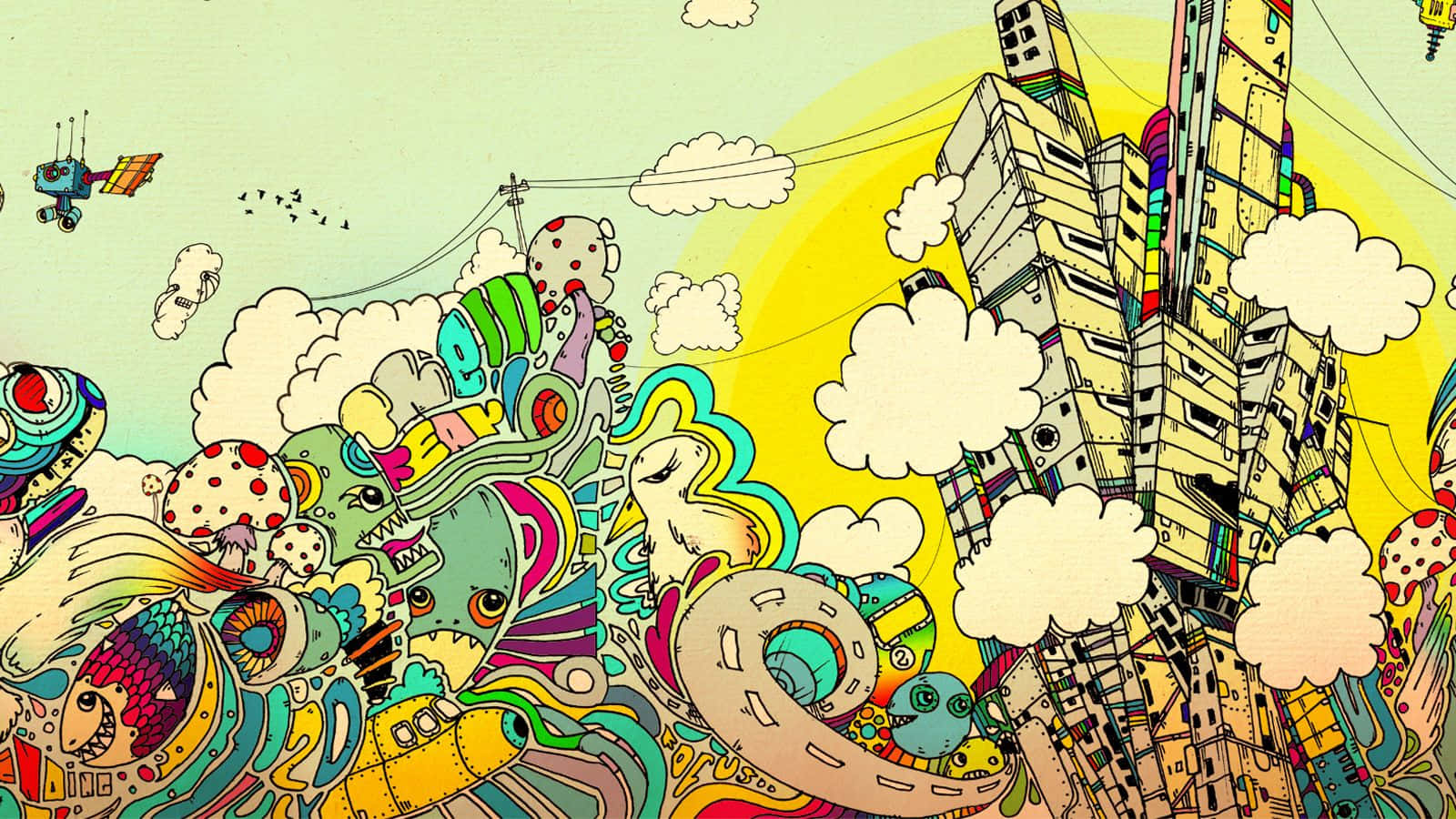 Cartoon Art, vibrant surreal cityscape, cartoonish creatures, HD Desktop Wallpaper