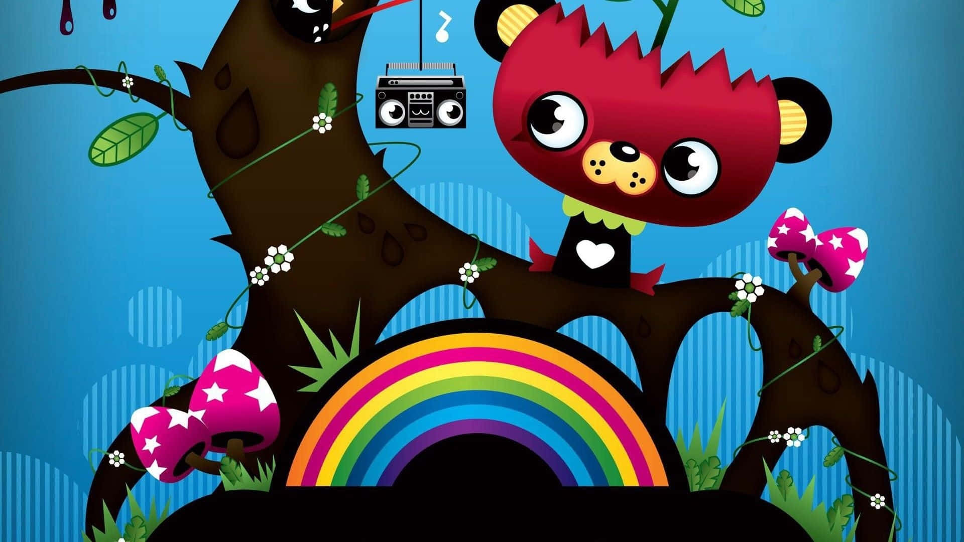 cartoon red bear, big eyes, tree branch, Full HD Desktop Wallpaper