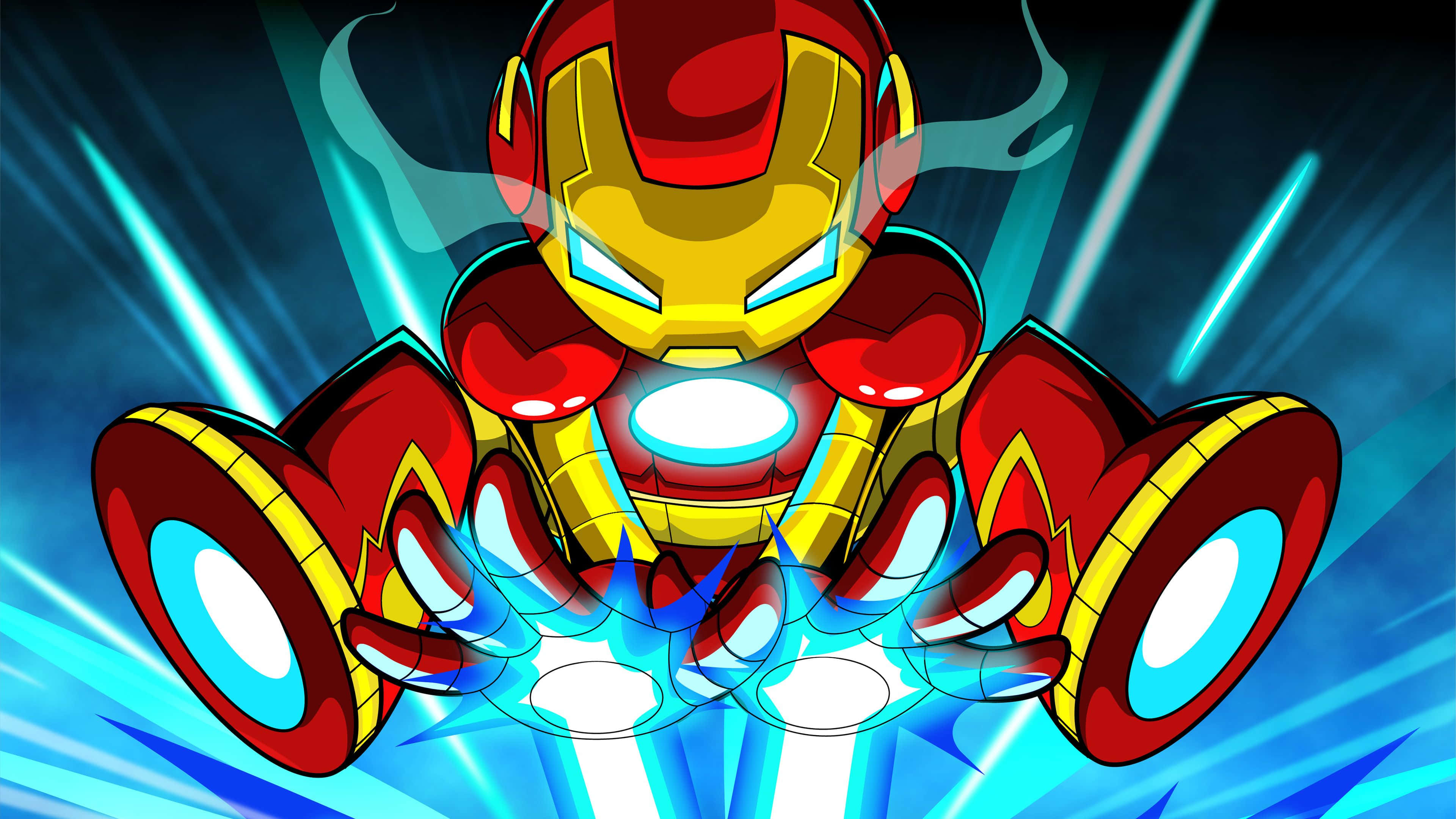 chibi Iron Man, red and gold armor, blue energy, 4K Desktop Wallpaper