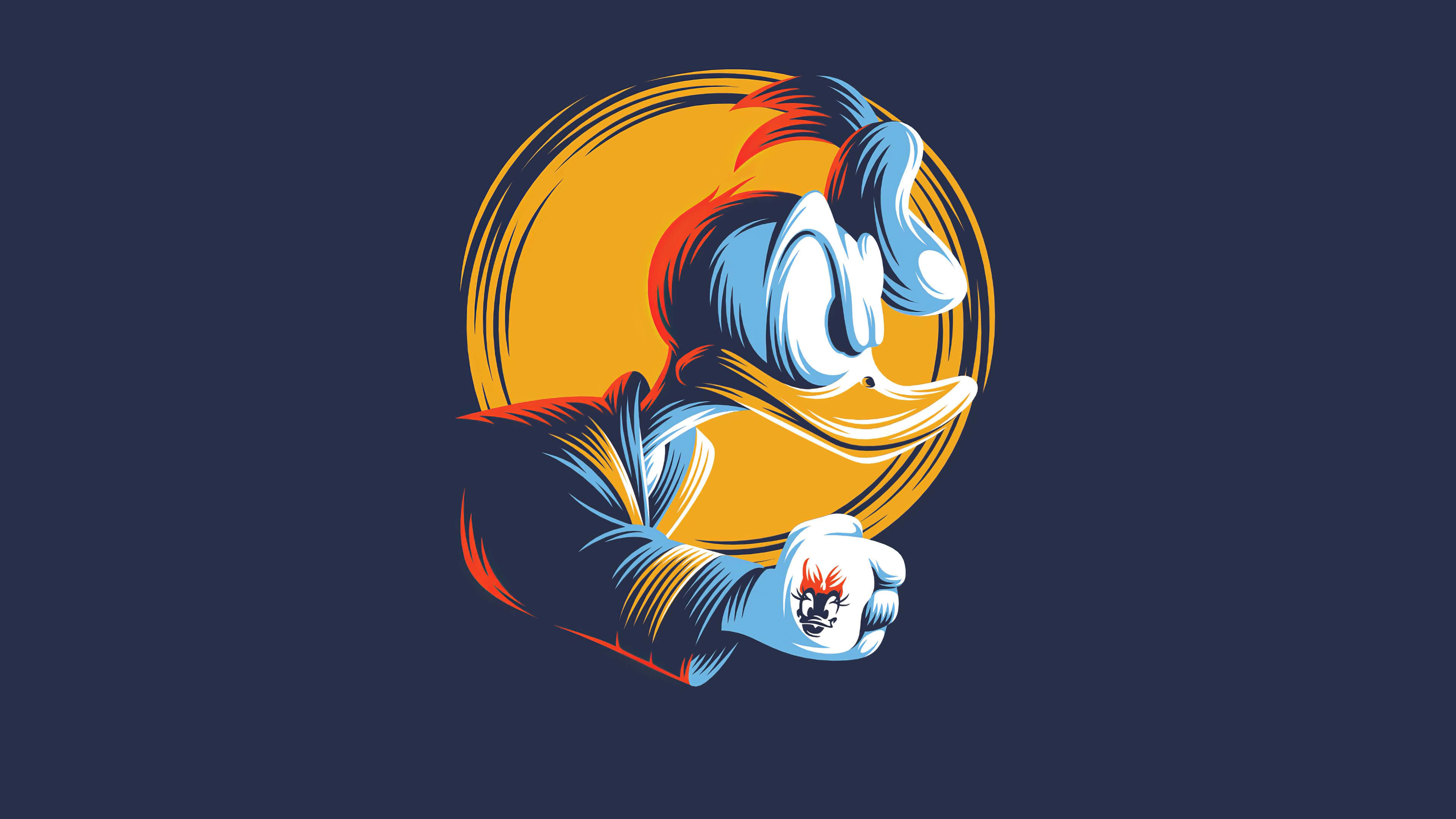 cartoon art, duck character, bold yellow circular background, 4K Desktop Wallpaper