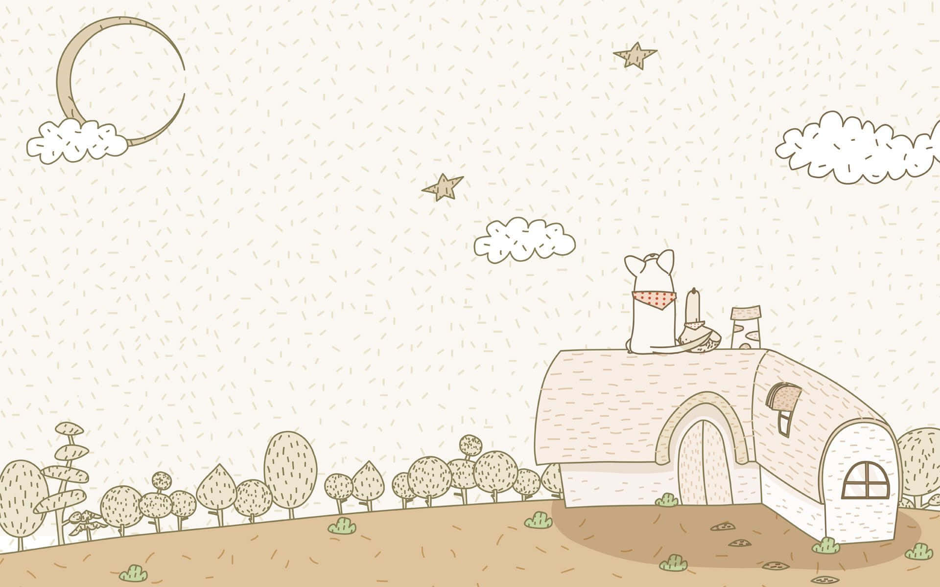 whimsical cartoon cat, cozy dome house, crescent moon, Full HD Desktop Wallpaper