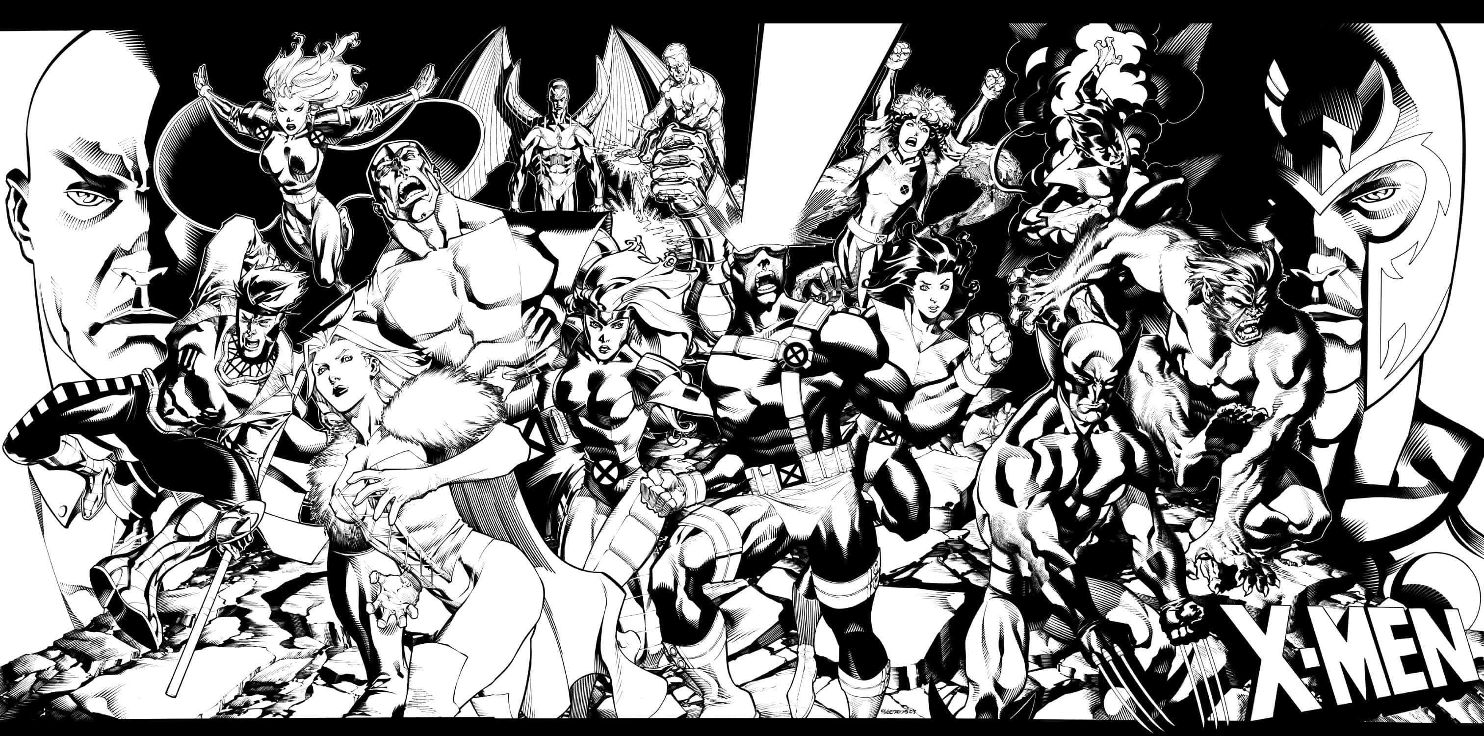 X-Men, black and white, comic panel, 2K Desktop Wallpaper