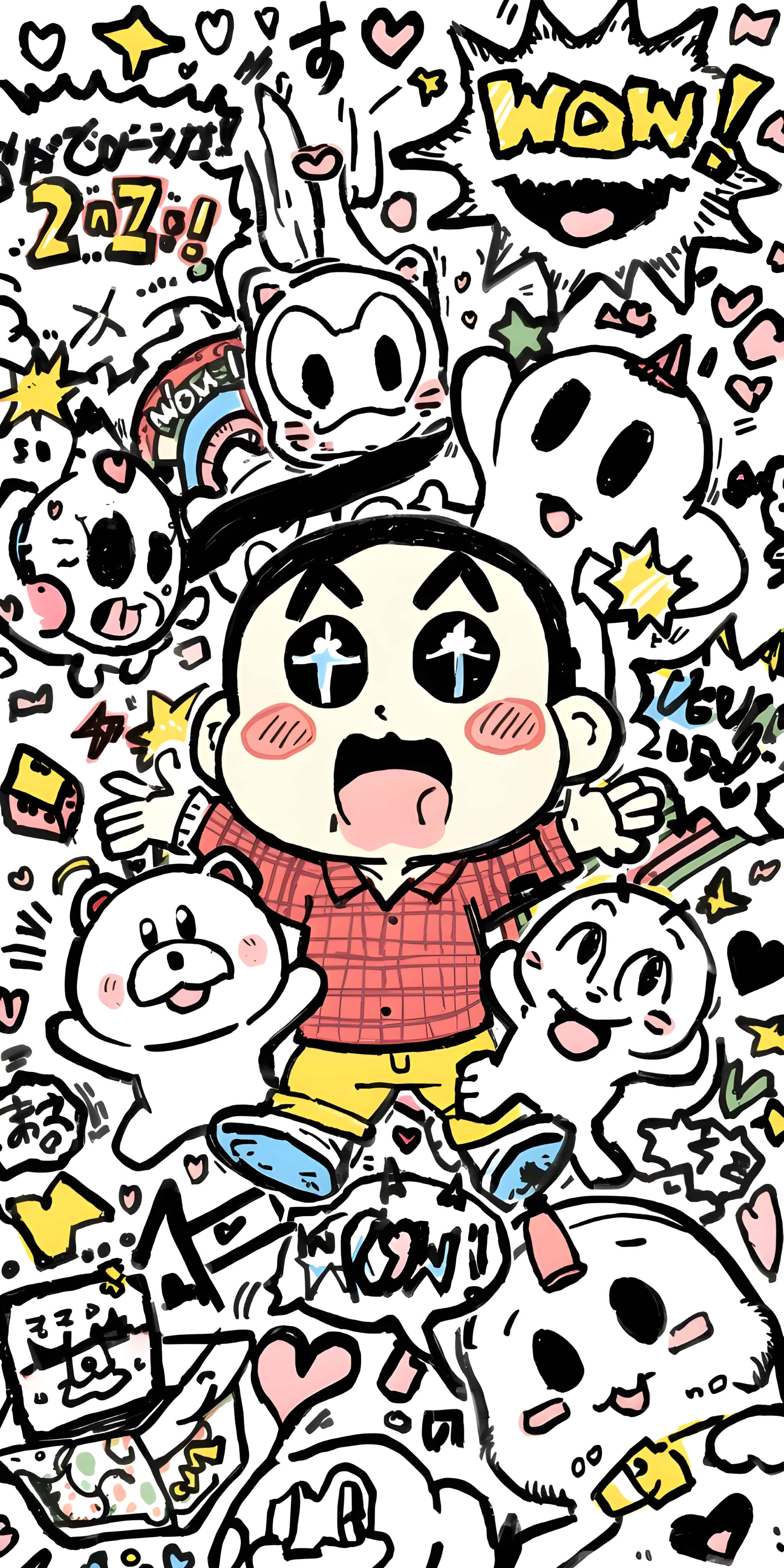 cute Japanese manga boy, red plaid shirt, floating cute ghosts, 4K Phone Wallpaper