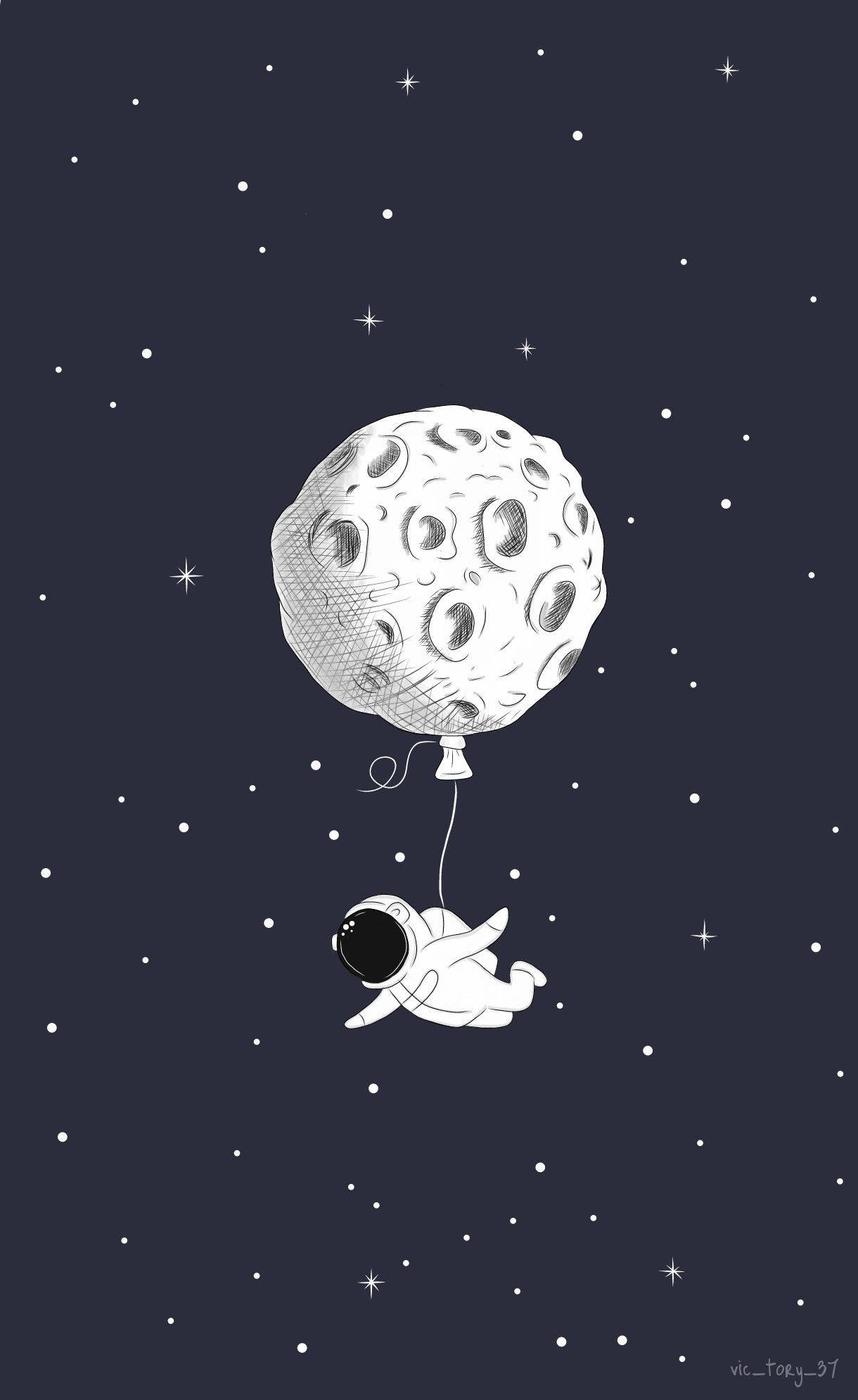 Cartoon Astronaut, moon balloon, starry night sky, Full HD Phone Wallpaper