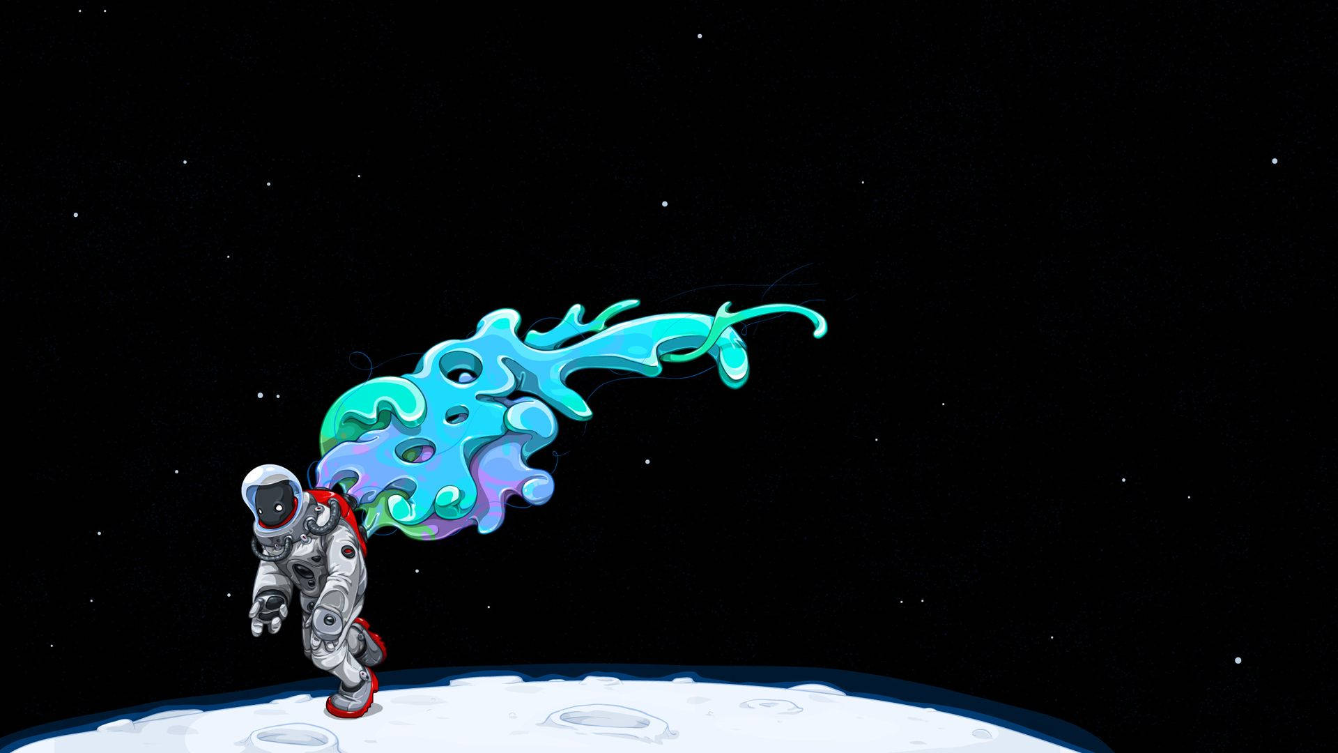 Cartoon Astronaut, blue blob, moon surface, Full HD Desktop Wallpaper