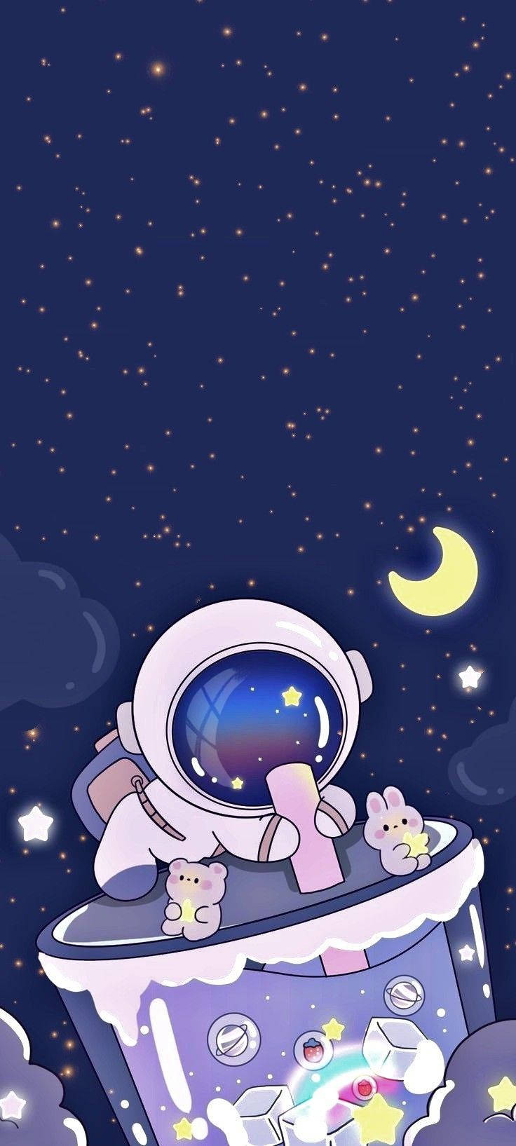 Cartoon Astronaut, purple spaceship, stars, HD Phone Wallpaper