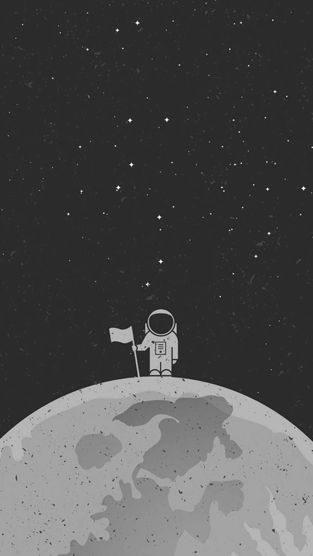 Cartoon Astronaut, cratered moon, flag, Full HD Phone Wallpaper