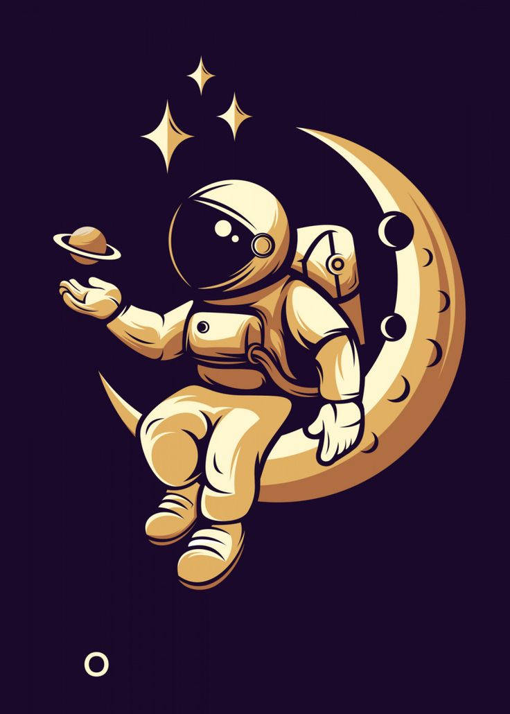 golden astronaut, crescent moon, tiny Saturn, SD Phone Wallpaper