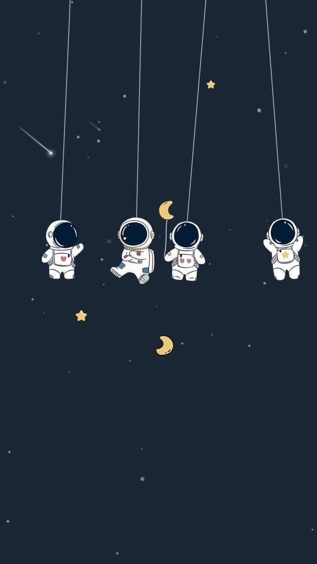 Cartoon Astronaut, starry night sky, crescent moons, SD Phone Wallpaper