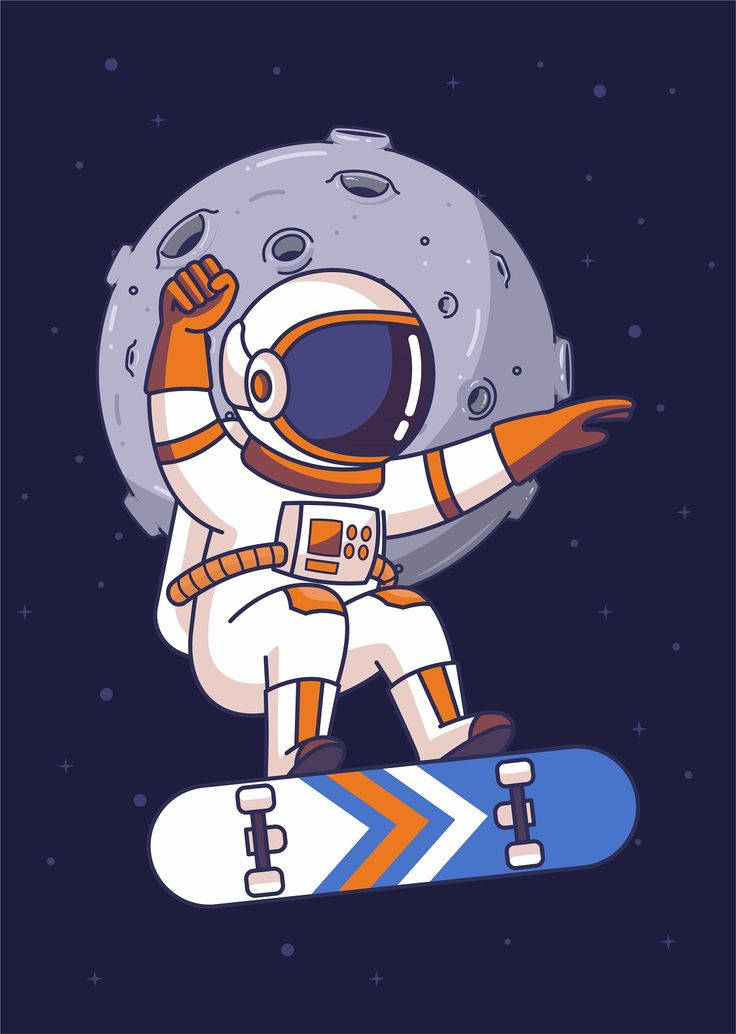 Cartoon Astronaut, skateboard, moon, SD Phone Wallpaper