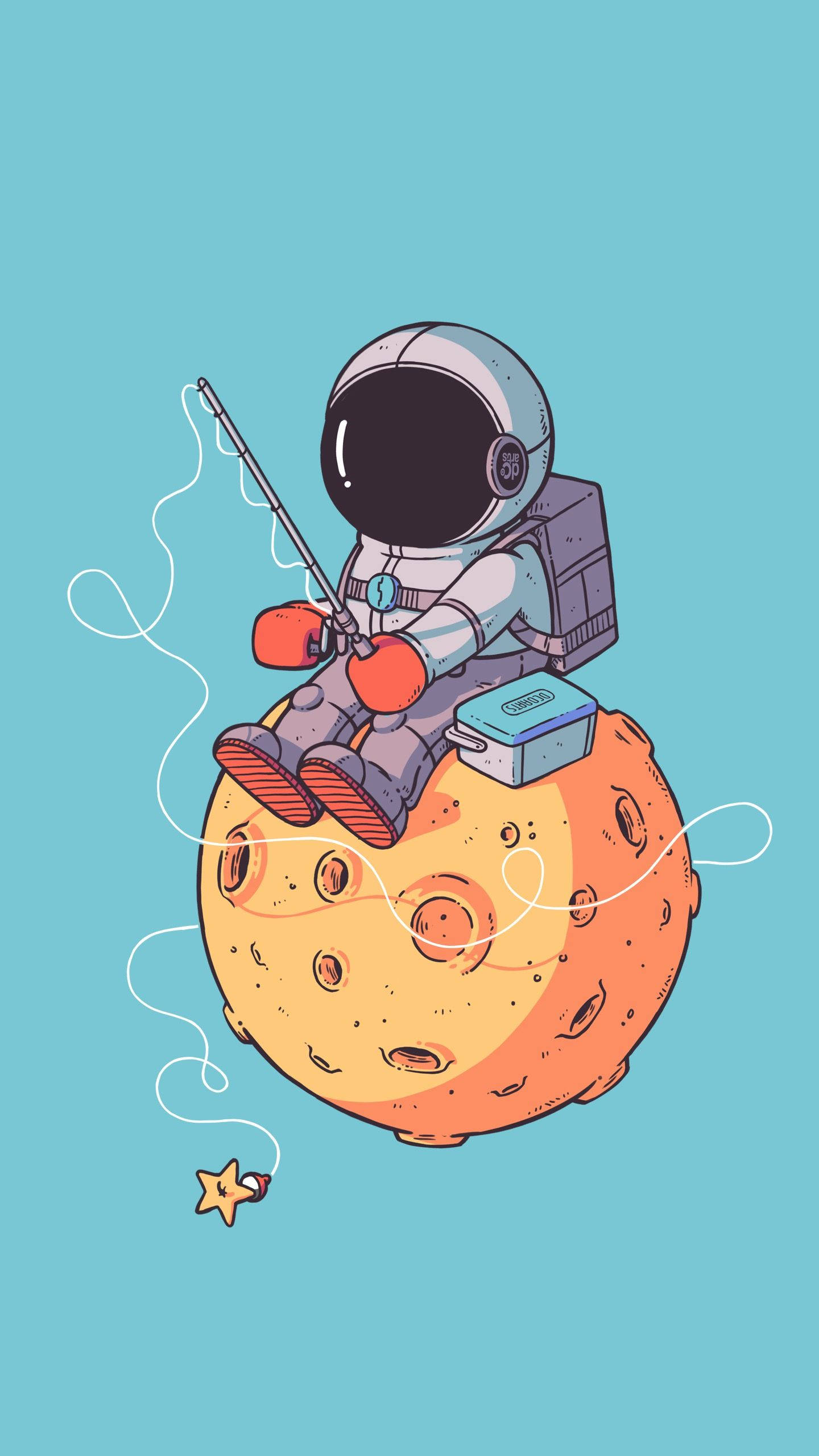 cartoon astronaut, moon, fishing rod, 2K Phone Wallpaper