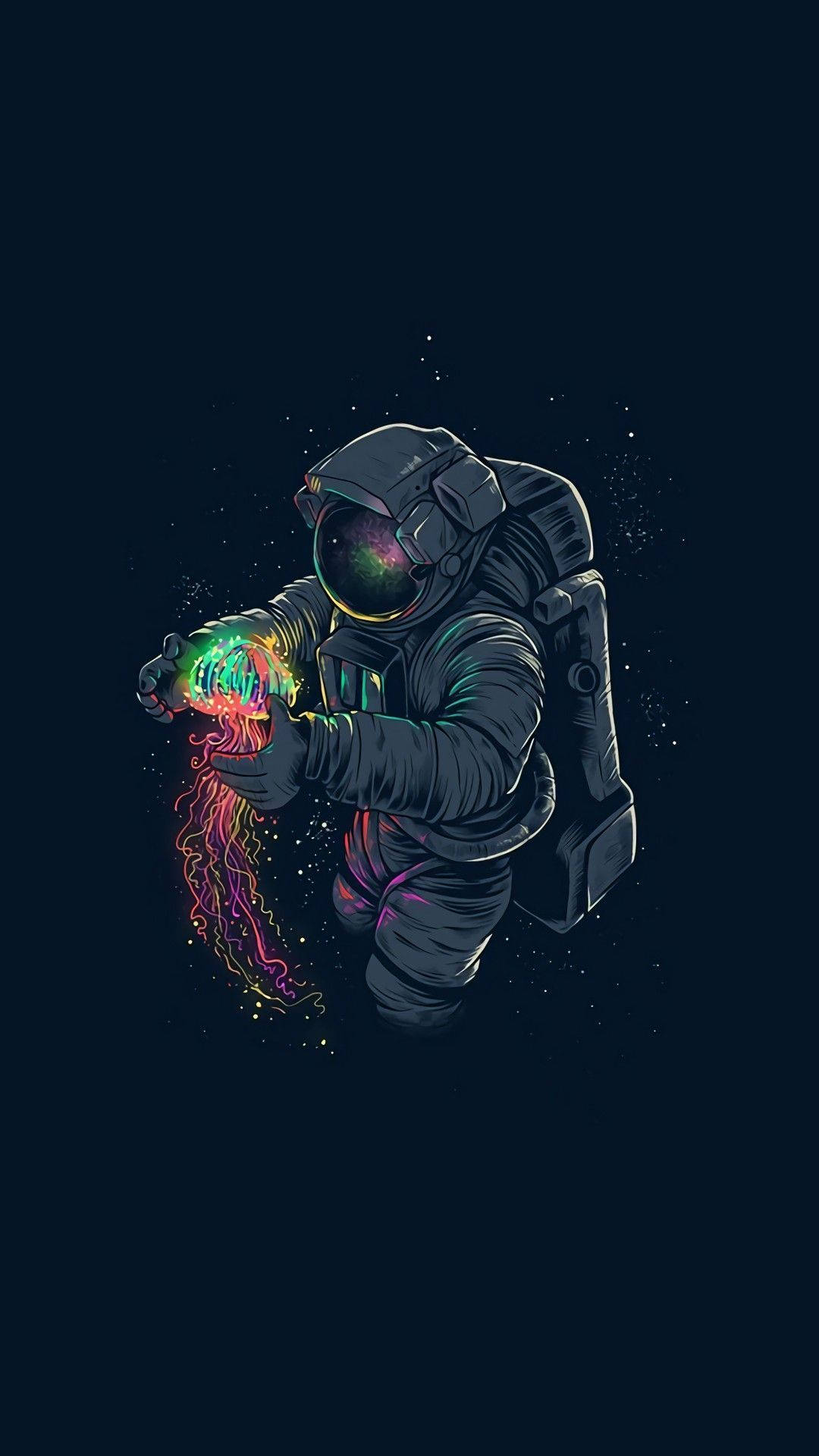 black and white astronaut, glowing colorful jellyfish, starry cosmic backdrop, Full HD Phone Wallpaper