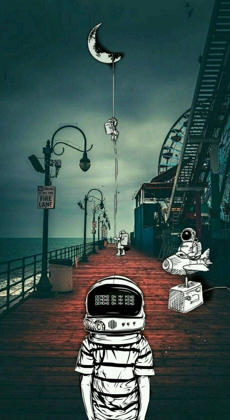 Cartoon Astronaut, pier, crescent moon, HD Phone Wallpaper