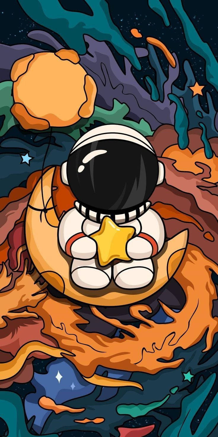 Cartoon Astronaut, glowing star, cosmic nebula, HD Phone Wallpaper