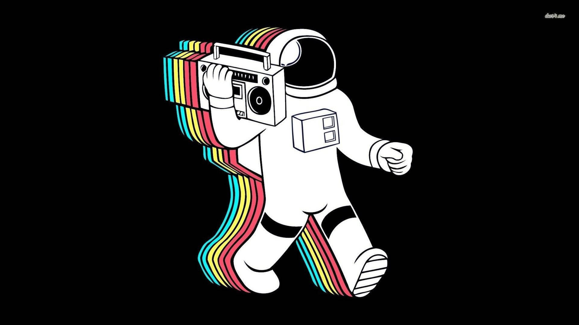 Boombox Space Astronaut, rainbow trails, black background, Full HD Desktop Wallpaper