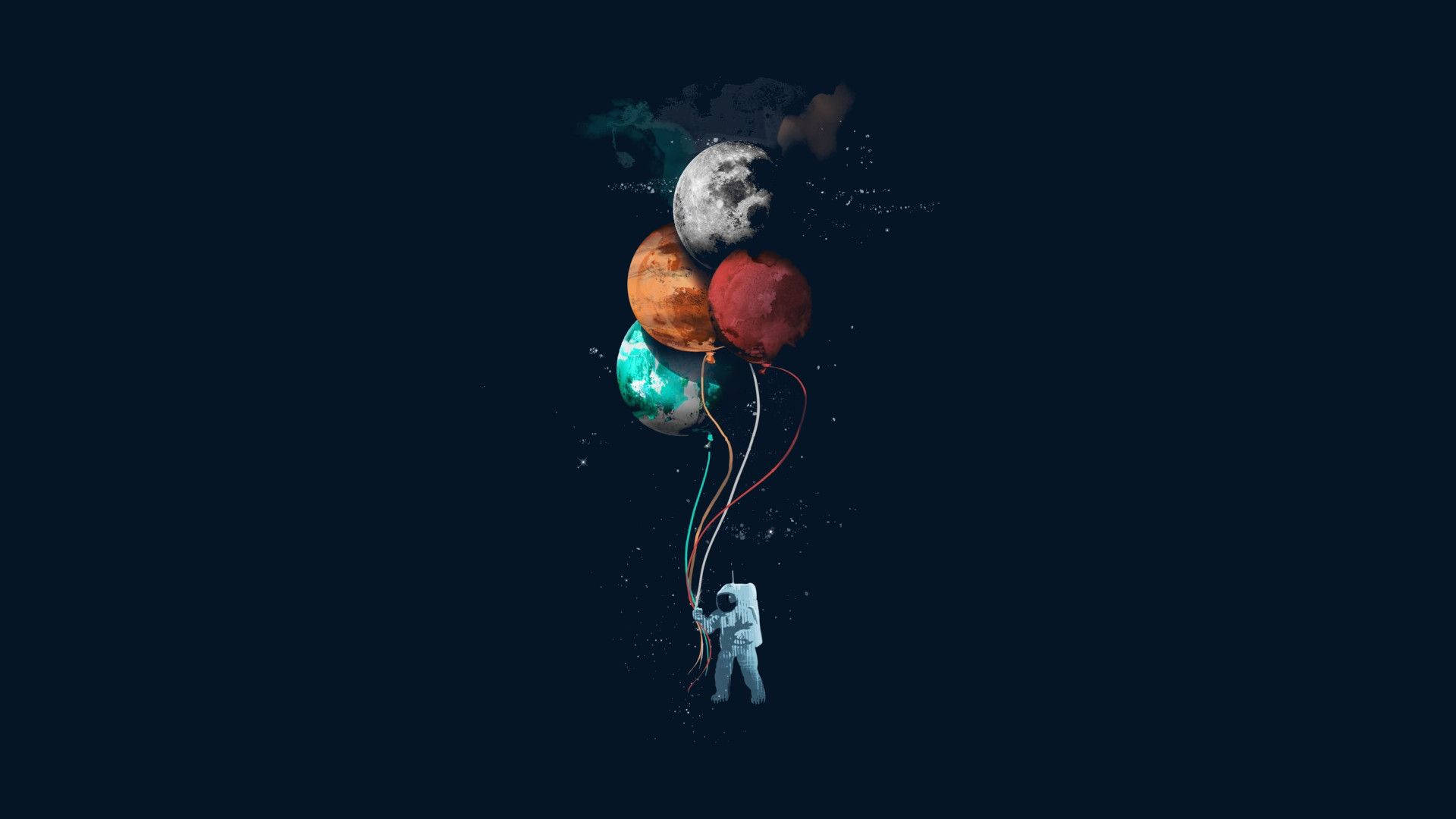 cute astronaut balloon, four colorful planet balloons, deep navy background, Full HD Desktop Wallpaper