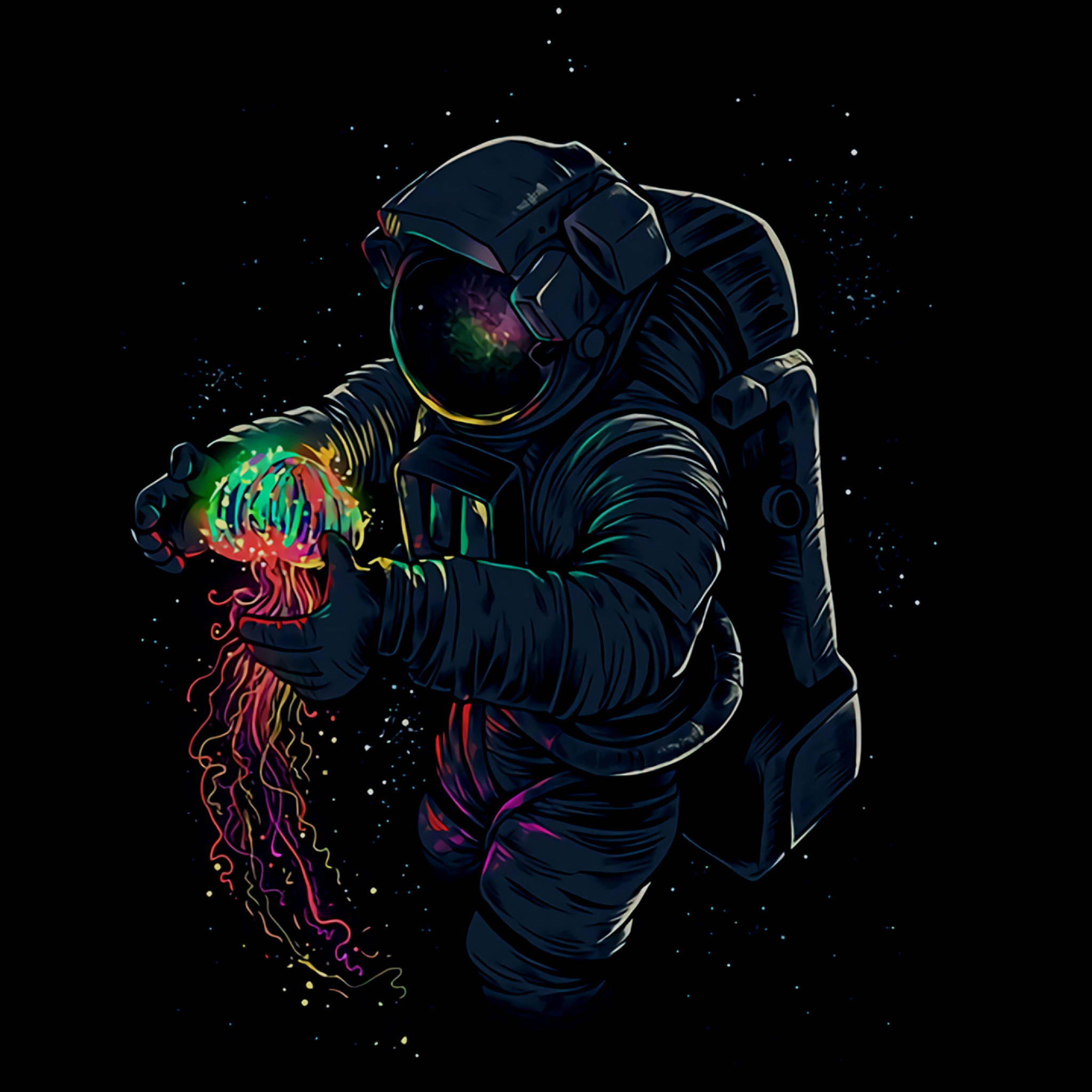 Astronaut, neon jellyfish, starry void, Full HD Desktop Wallpaper