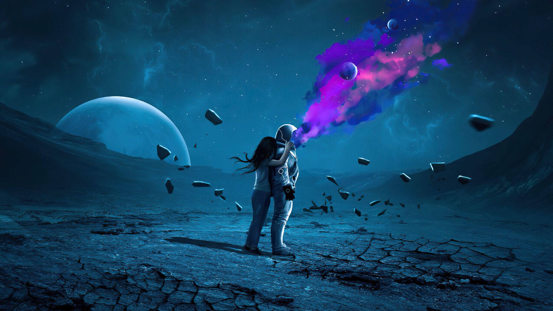 Astronaut, purple nebulae, cracked alien planet, Full HD Desktop Wallpaper