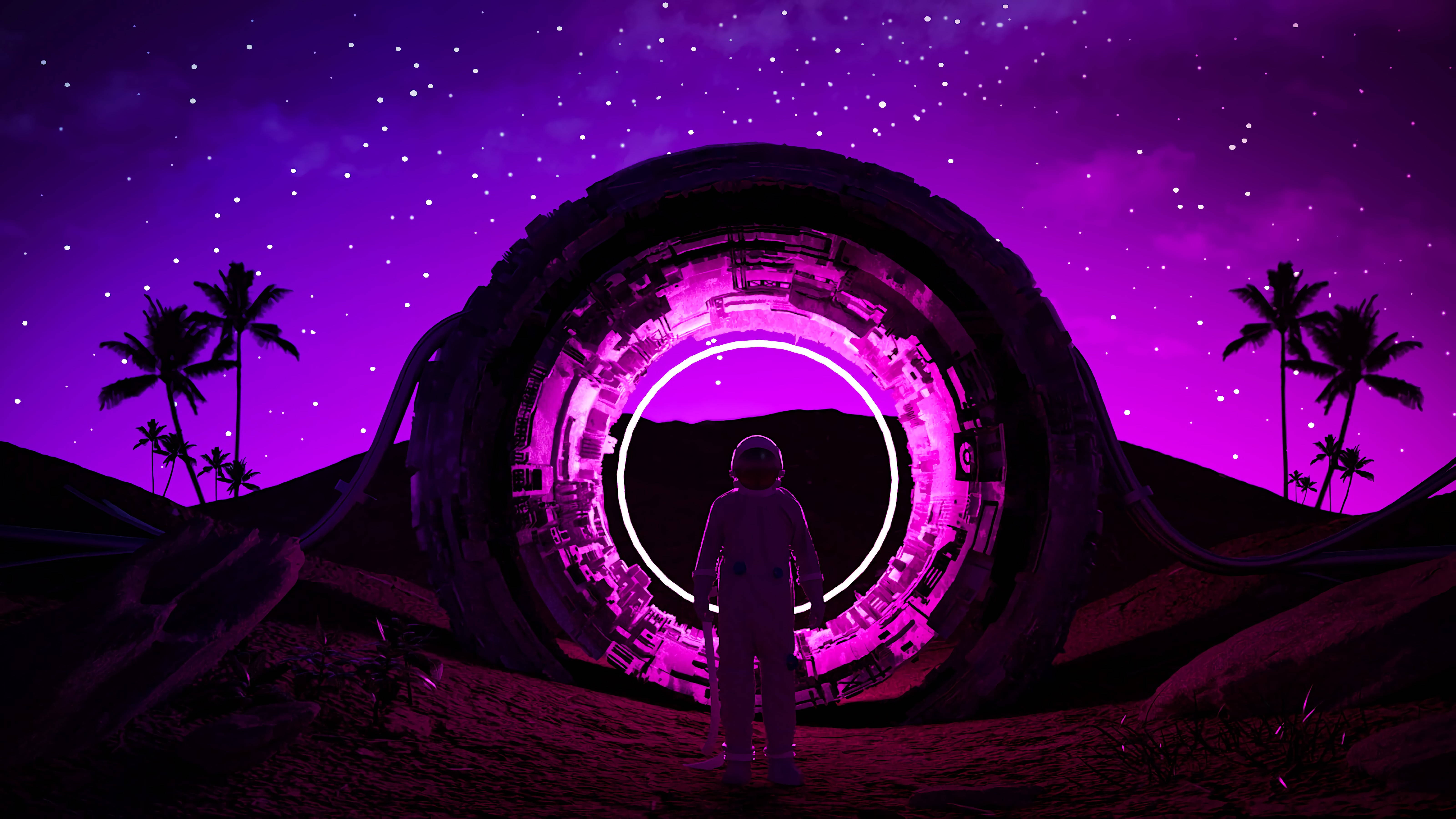 dark neon pink and purple astronaut, glowing purple wormhole portal, starry alien desert, 5K Desktop Wallpaper