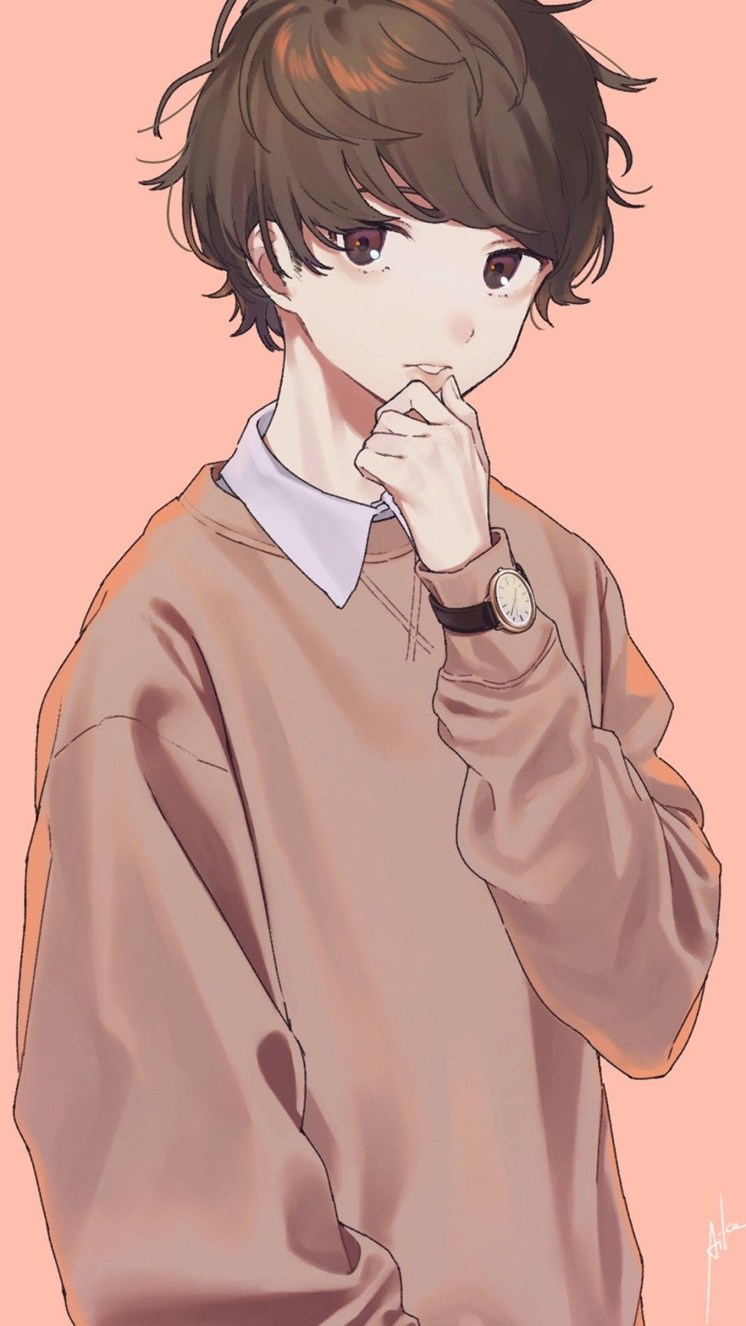 cute boy cartoon, brown sweater, brown hair, Full HD Phone Wallpaper