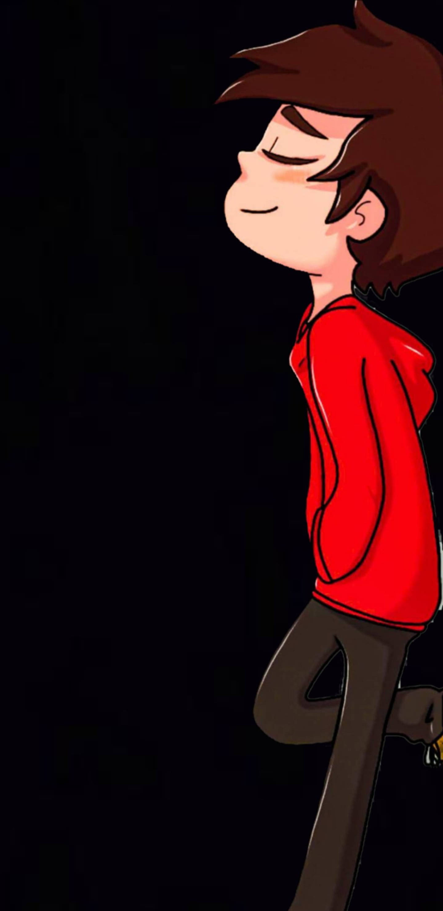 cartoon boy, red hoodie, solid black background, 2K Phone Wallpaper