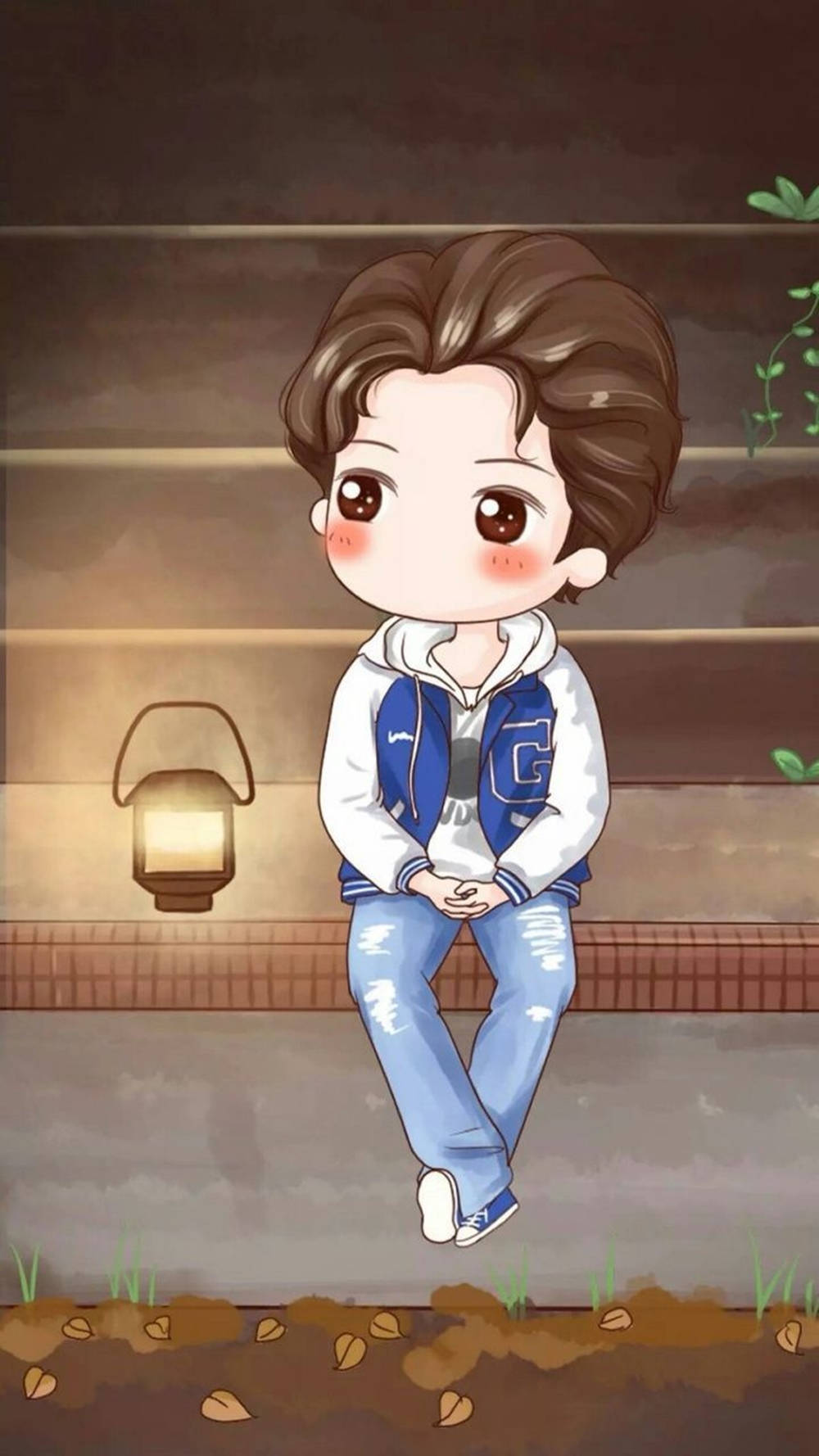 chibi anime boy, brown hair, wooden steps, HD Phone Wallpaper