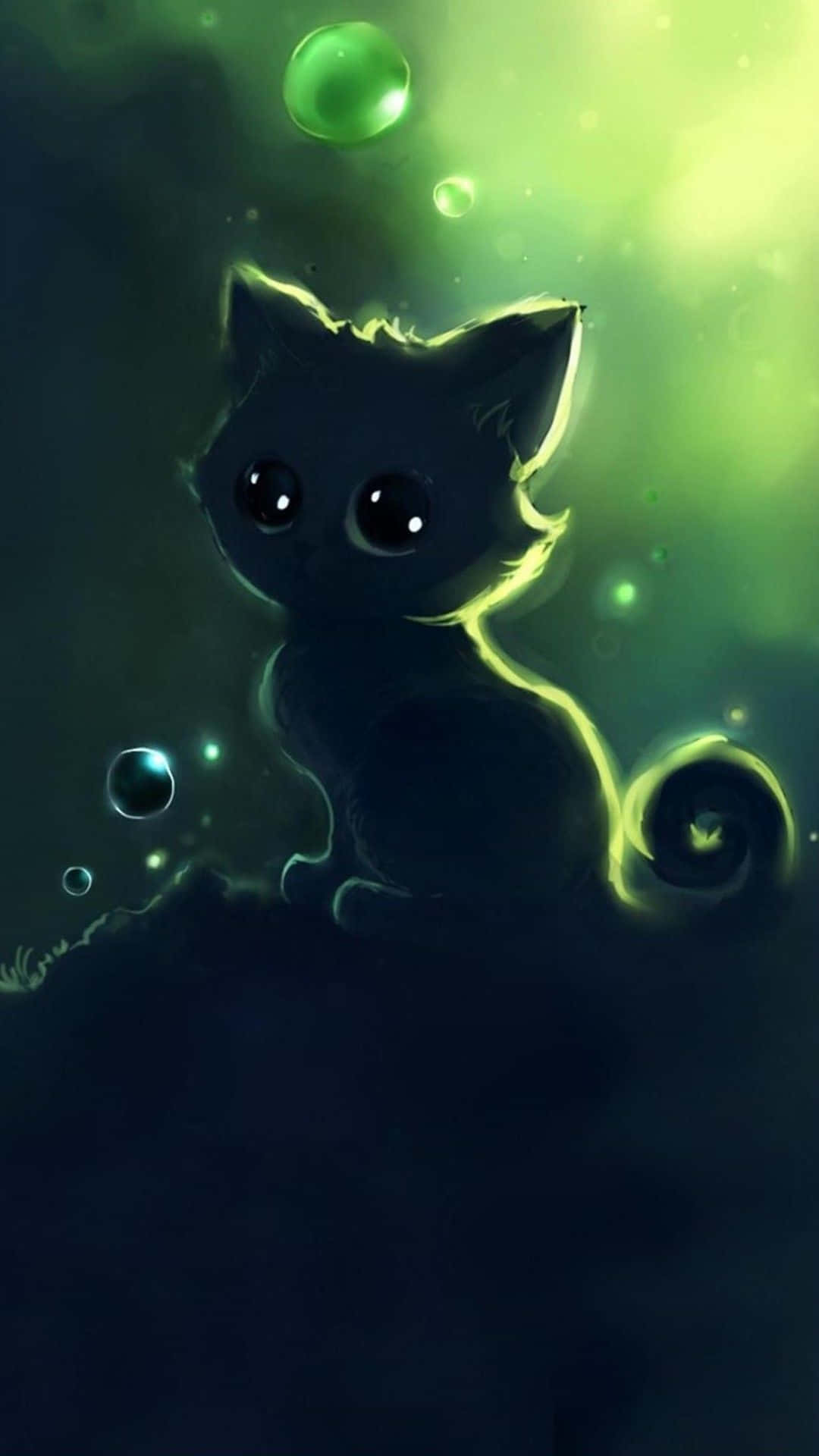kawaii anime cat, glowing black kitten, large eyes, Full HD Phone Wallpaper