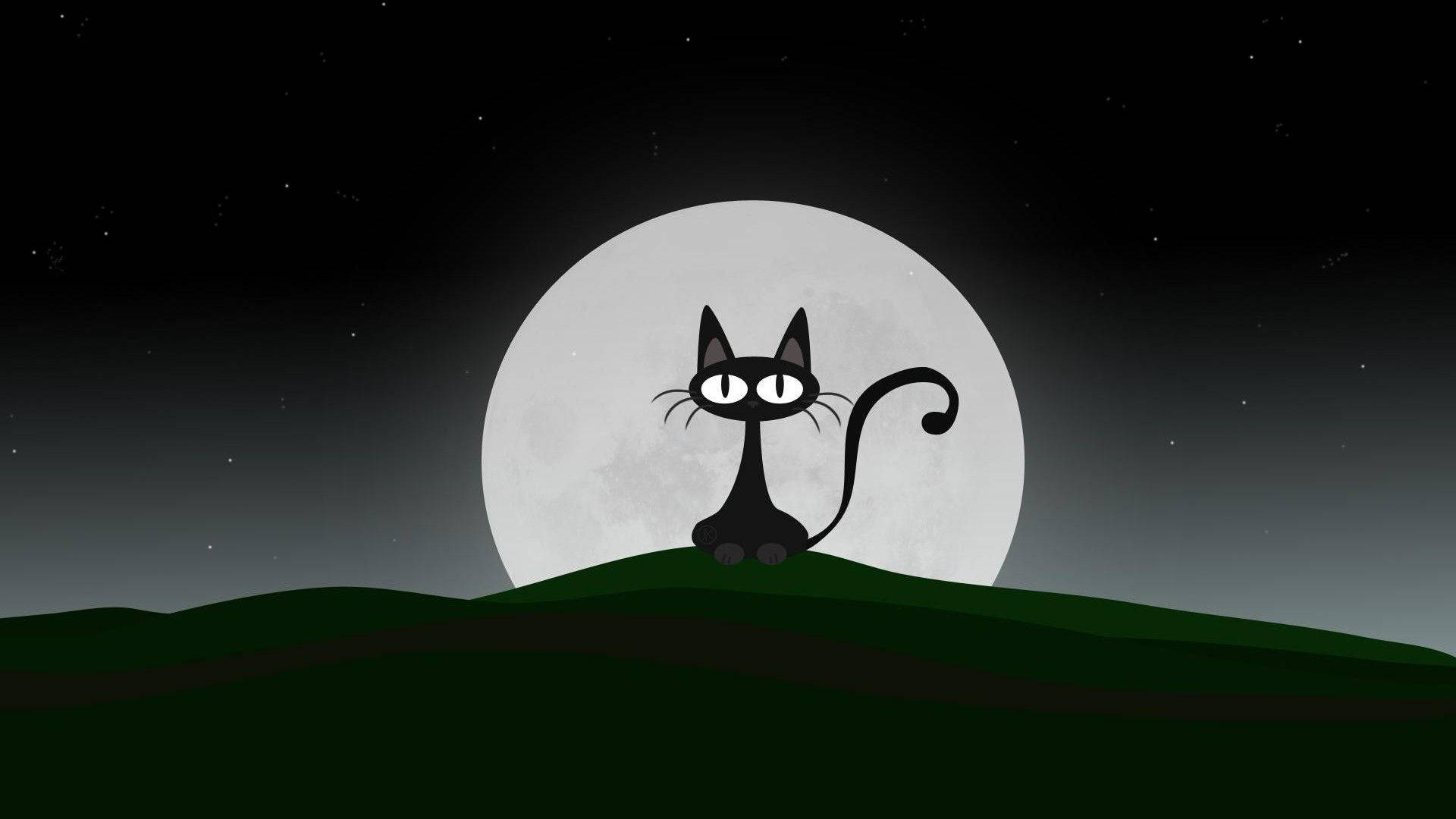 black cartoon cat, full moon, starry night sky, Full HD Desktop Wallpaper