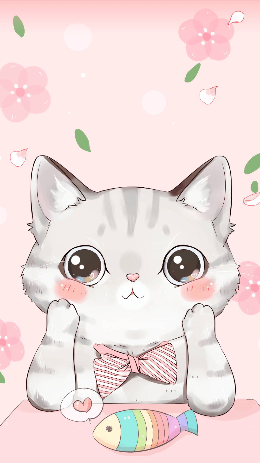 Cartoon Cat, rainbow fish, gray tabby kitten, Full HD Phone Wallpaper