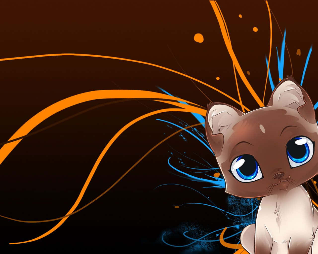 Anime Cartoon Cute Brown Cat, big blue eyes, orange and blue streaks, HD Desktop Wallpaper