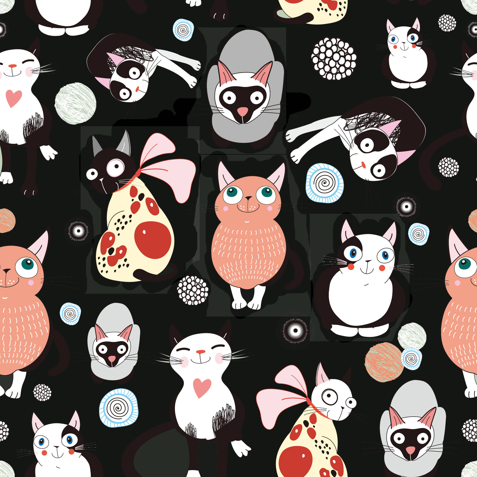 Cartoon Cat, dark background, whimsical circular motifs, Full HD Desktop Wallpaper