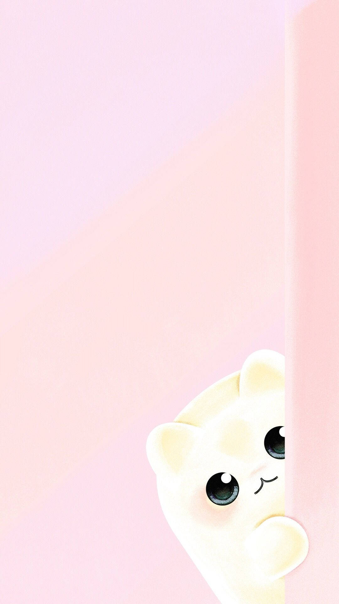 pink kawaii peeking cat, white cartoon cat, pink wall, Full HD Phone Wallpaper