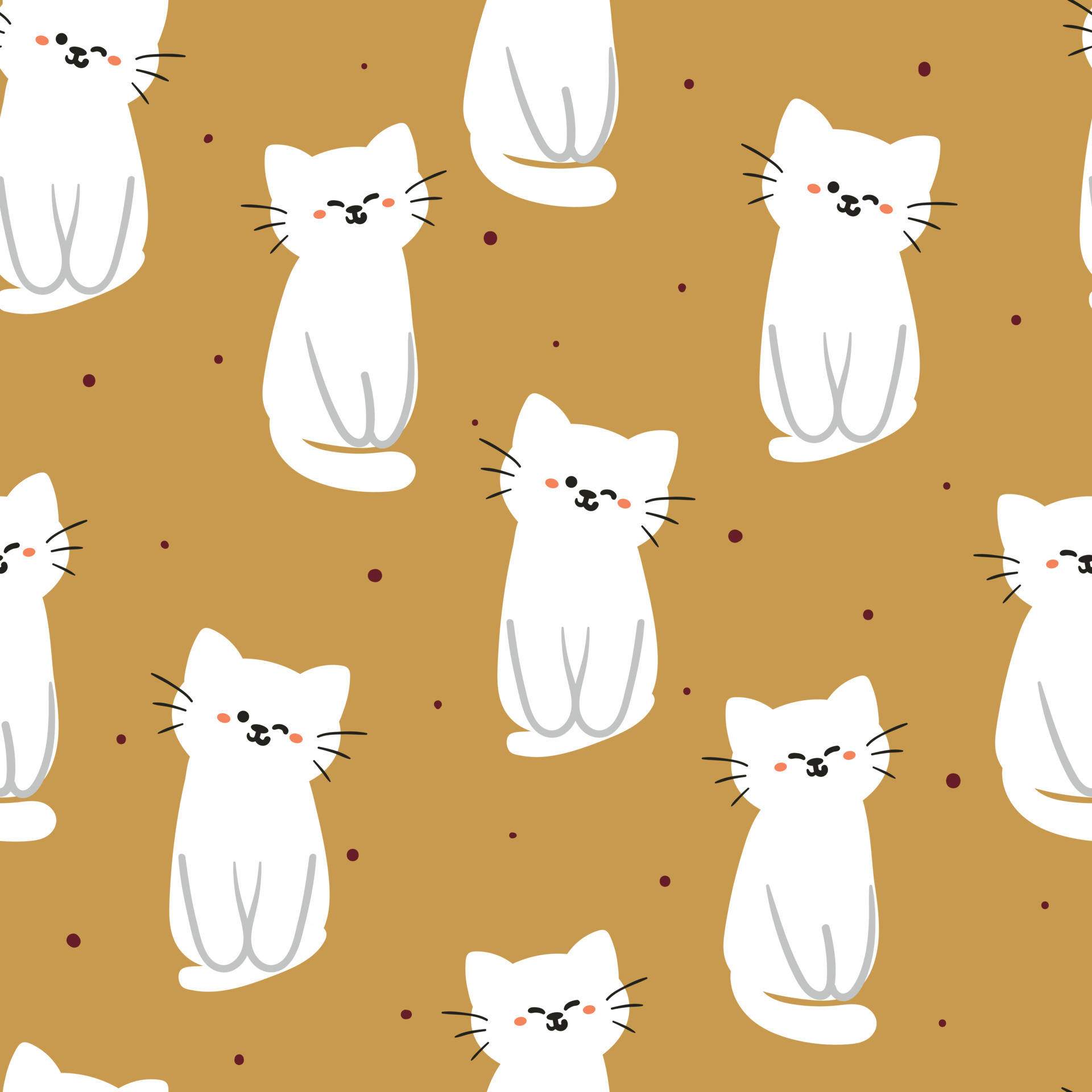 white cartoon cat, rosy cheeks, warm brown background, Full HD Desktop Wallpaper
