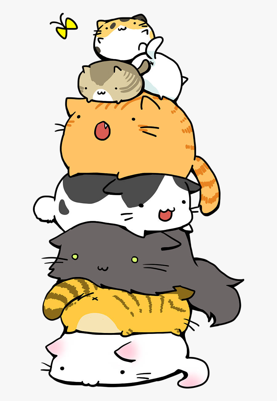Cartoon Cat, yellow butterfly, stack of six cute cartoon cats, HD Phone Wallpaper