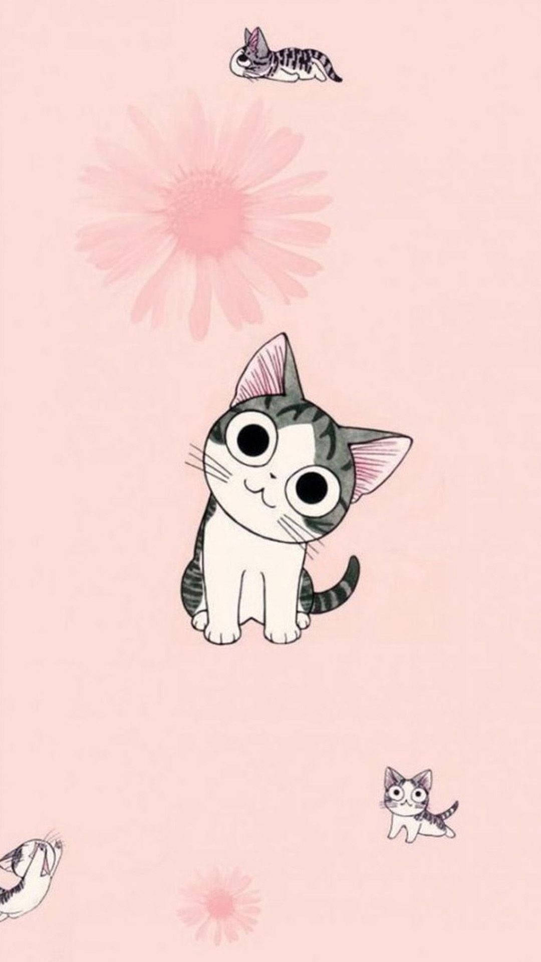 grey cat cartoon phone, cute cartoon kitten, big eyes, Full HD Phone Wallpaper