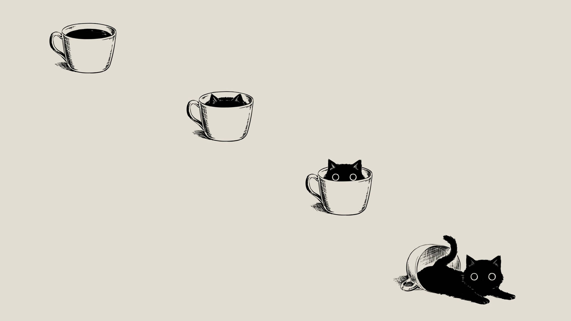black cartoon cat, coffee cup, tipped-over coffee cup, Full HD Desktop Wallpaper