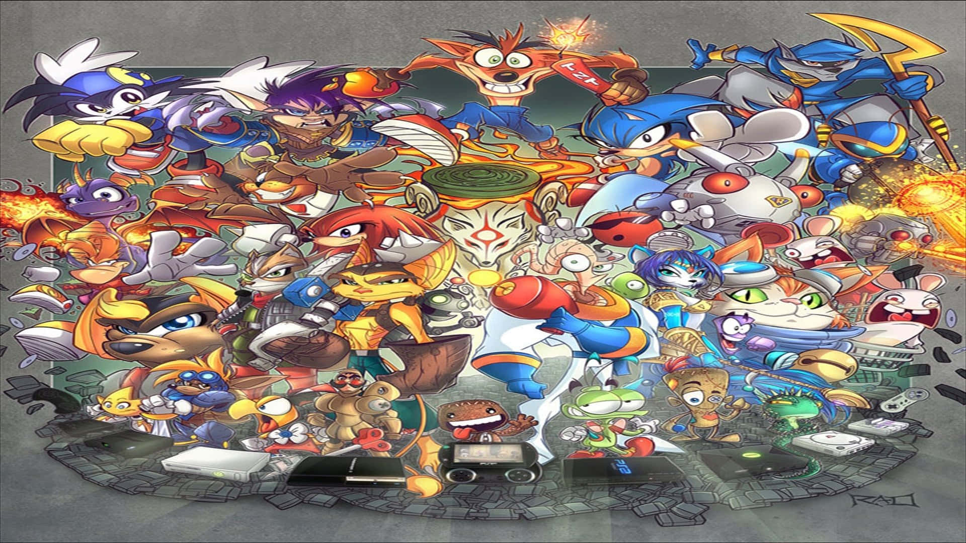 Cartoon Collage, video game characters, cracked screen, Full HD Desktop Wallpaper