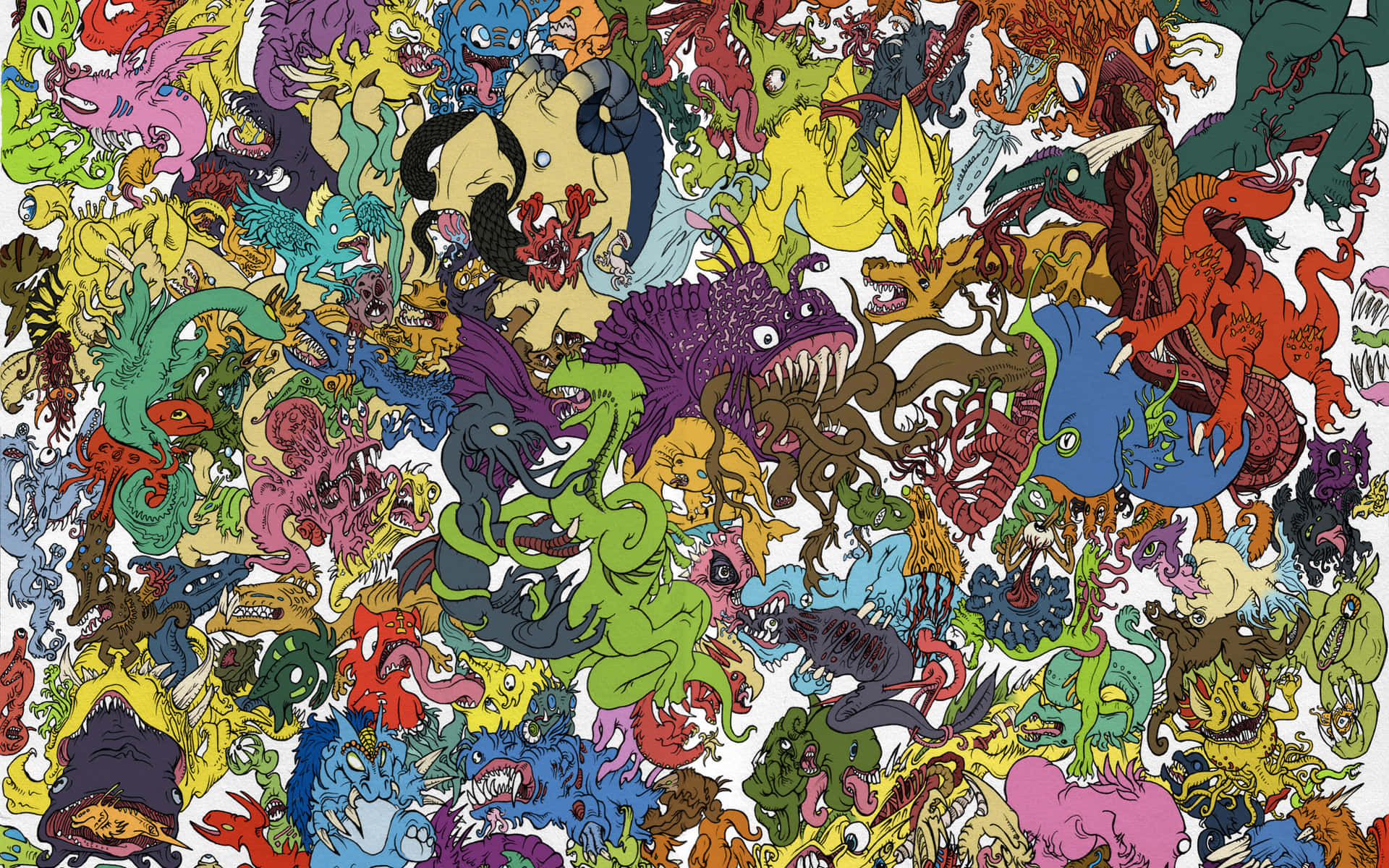 cartoon collage, colorful cartoon monsters, creatures, Full HD Desktop Wallpaper