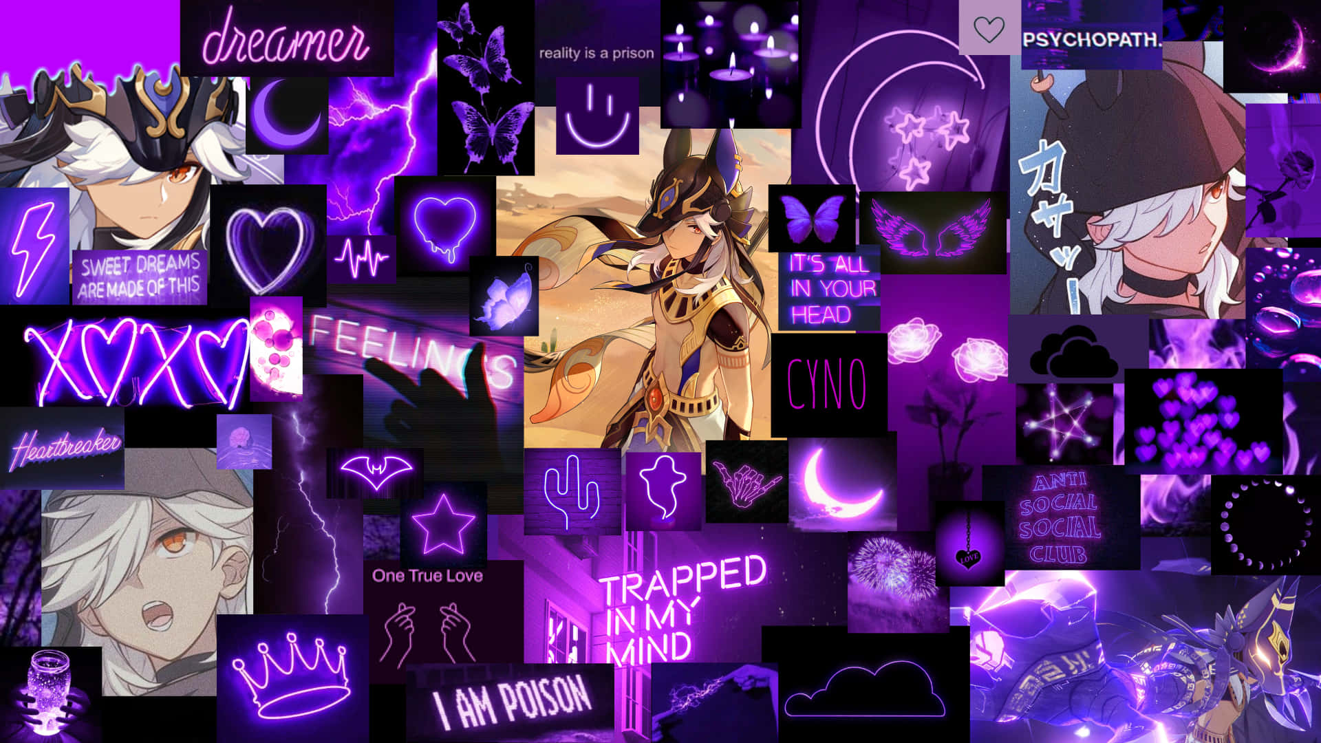 Cartoon Collage, vibrant purple neon, anime characters, Full HD Desktop Wallpaper