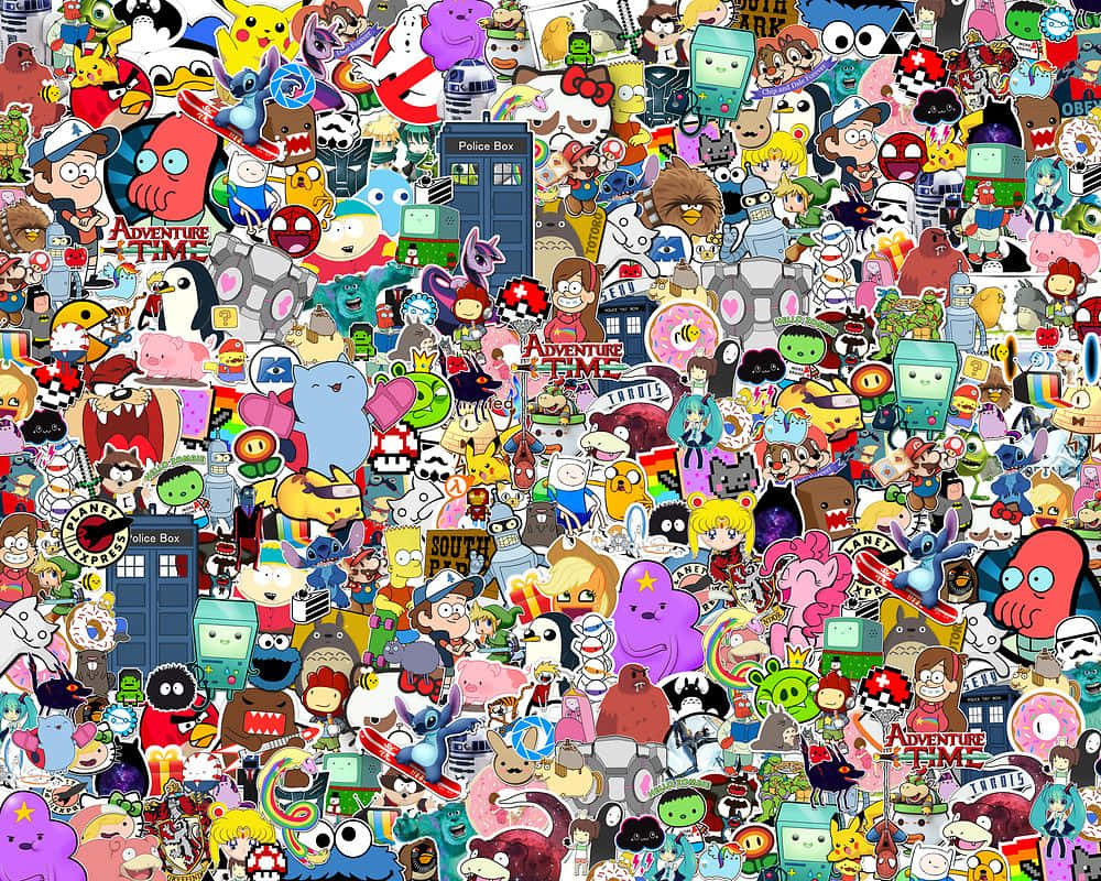 cartoon collage, colorful cartoon stickers, pop culture icons, SD Desktop Wallpaper