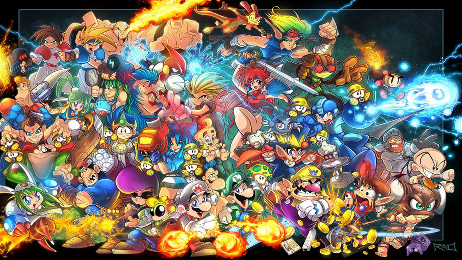 Cartoon Collage, anime-style, iconic video game characters, Full HD Desktop Wallpaper
