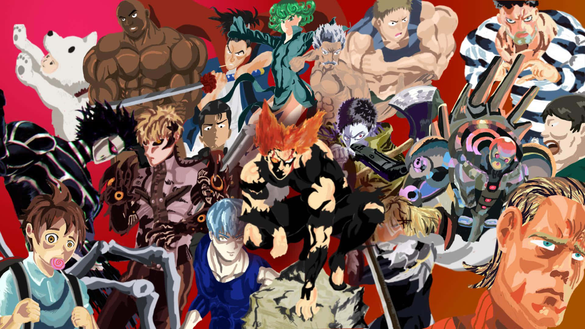 anime collage, muscular fighters, intense characters, Full HD Desktop Wallpaper