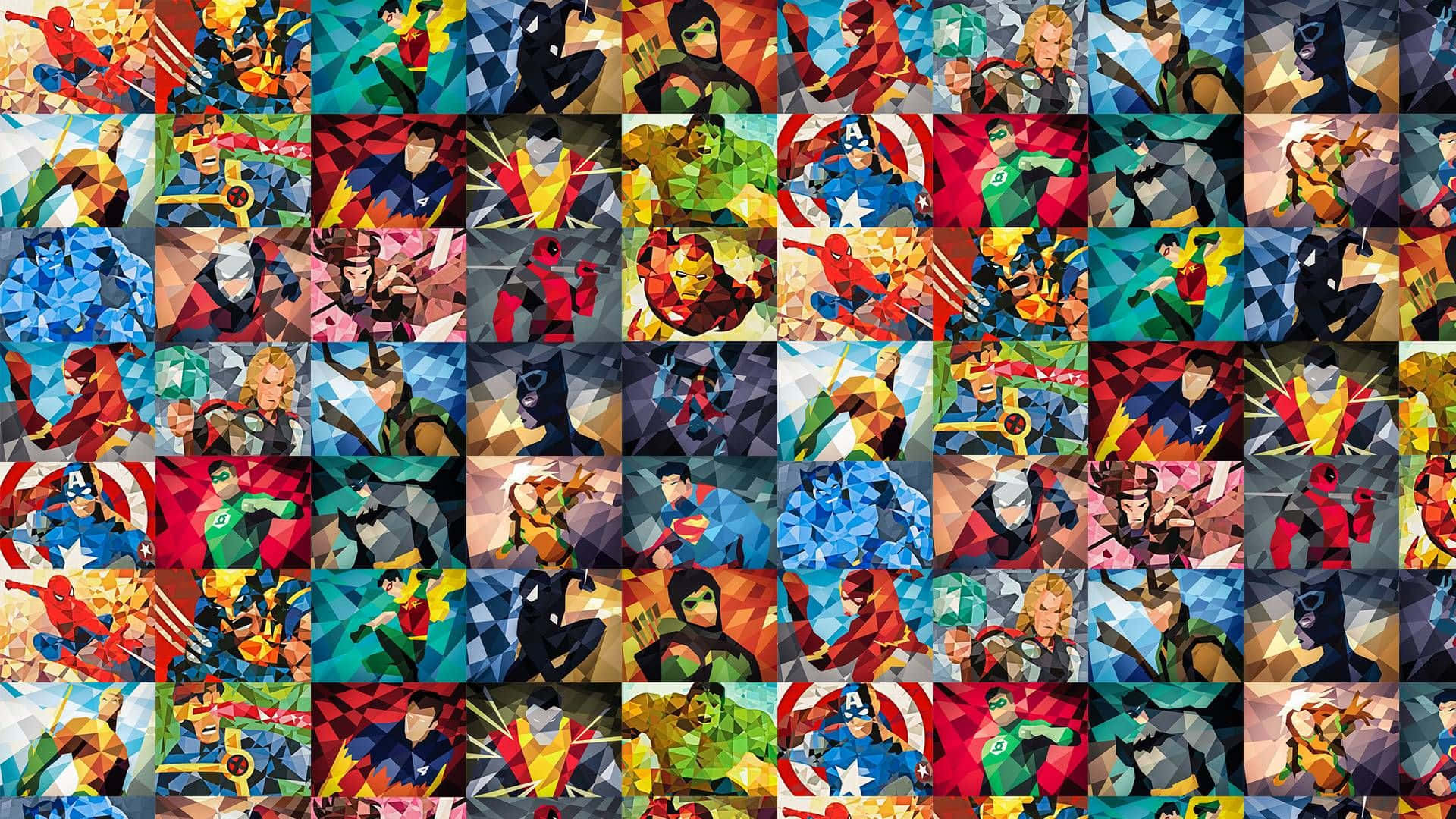 Cartoon Collage, comic book heroes, bold geometric polygonal art style, Full HD Desktop Wallpaper