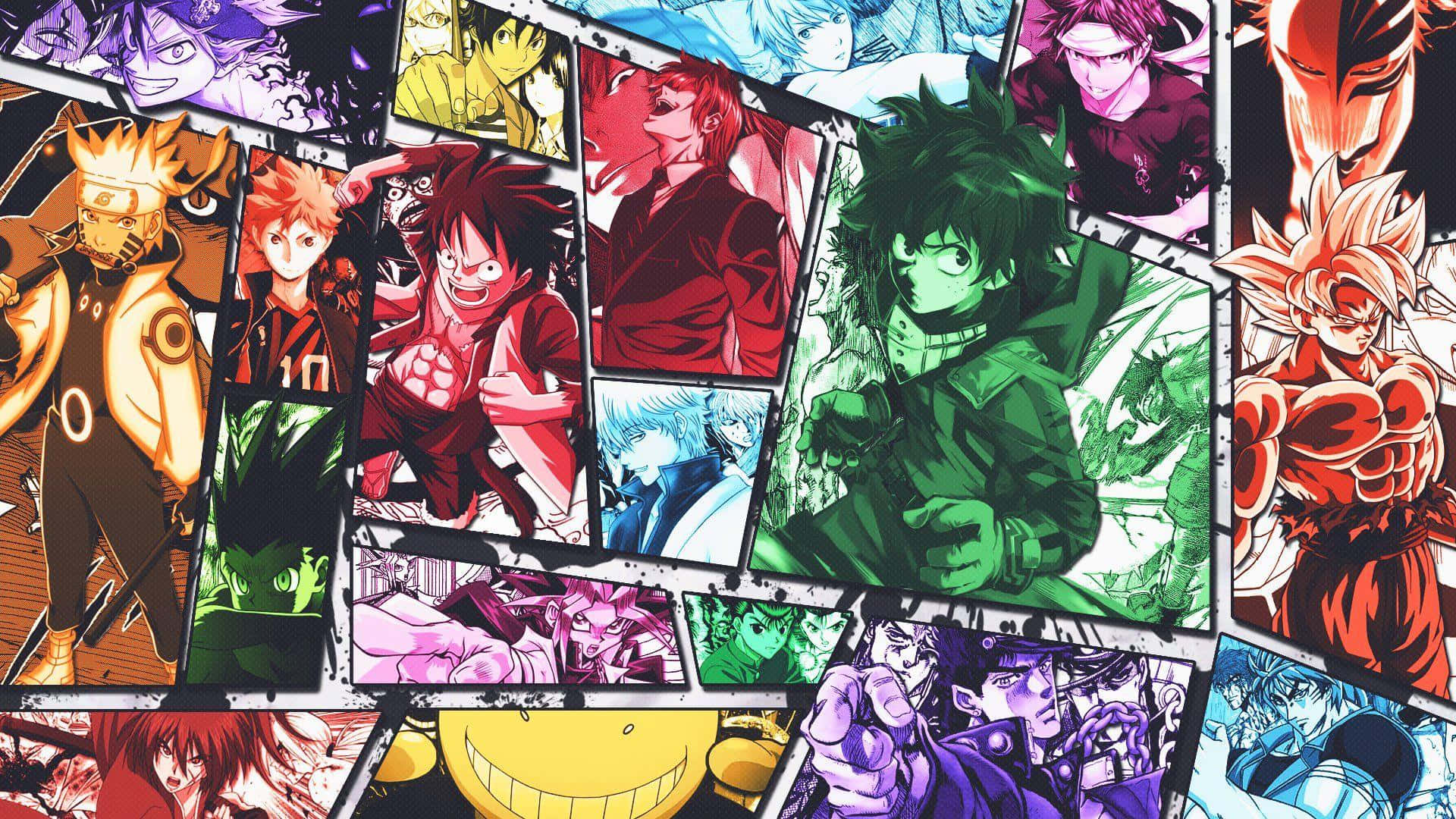 anime characters, dynamic poses, colorful comic panels, Full HD Desktop Wallpaper