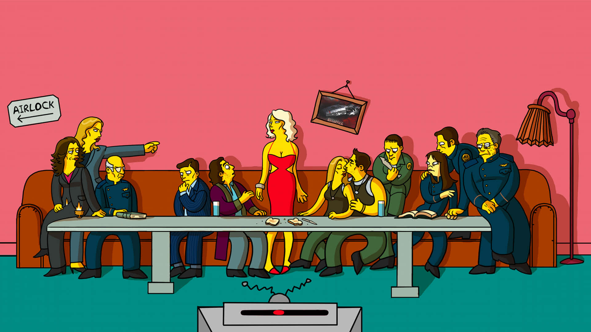 Simpsons-style, pink-walled room, table, Full HD Desktop Wallpaper