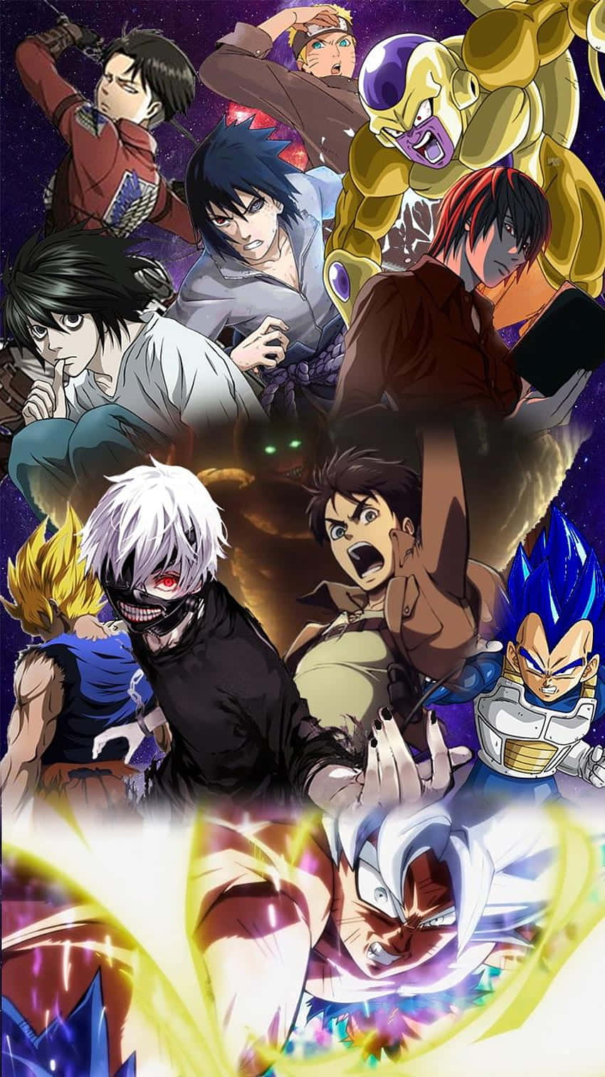 cartoon collage, anime characters, battle poses, HD Phone Wallpaper