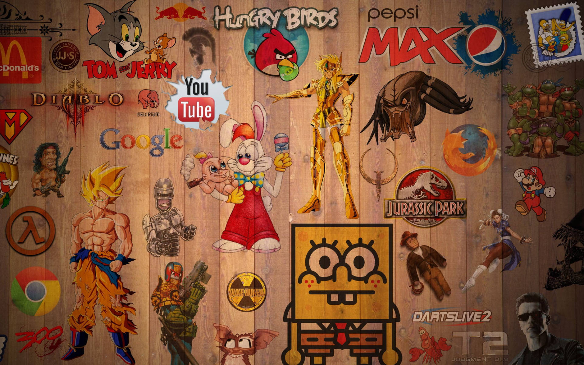 animated cartoon collage, pop culture icons, logos, Full HD Desktop Wallpaper