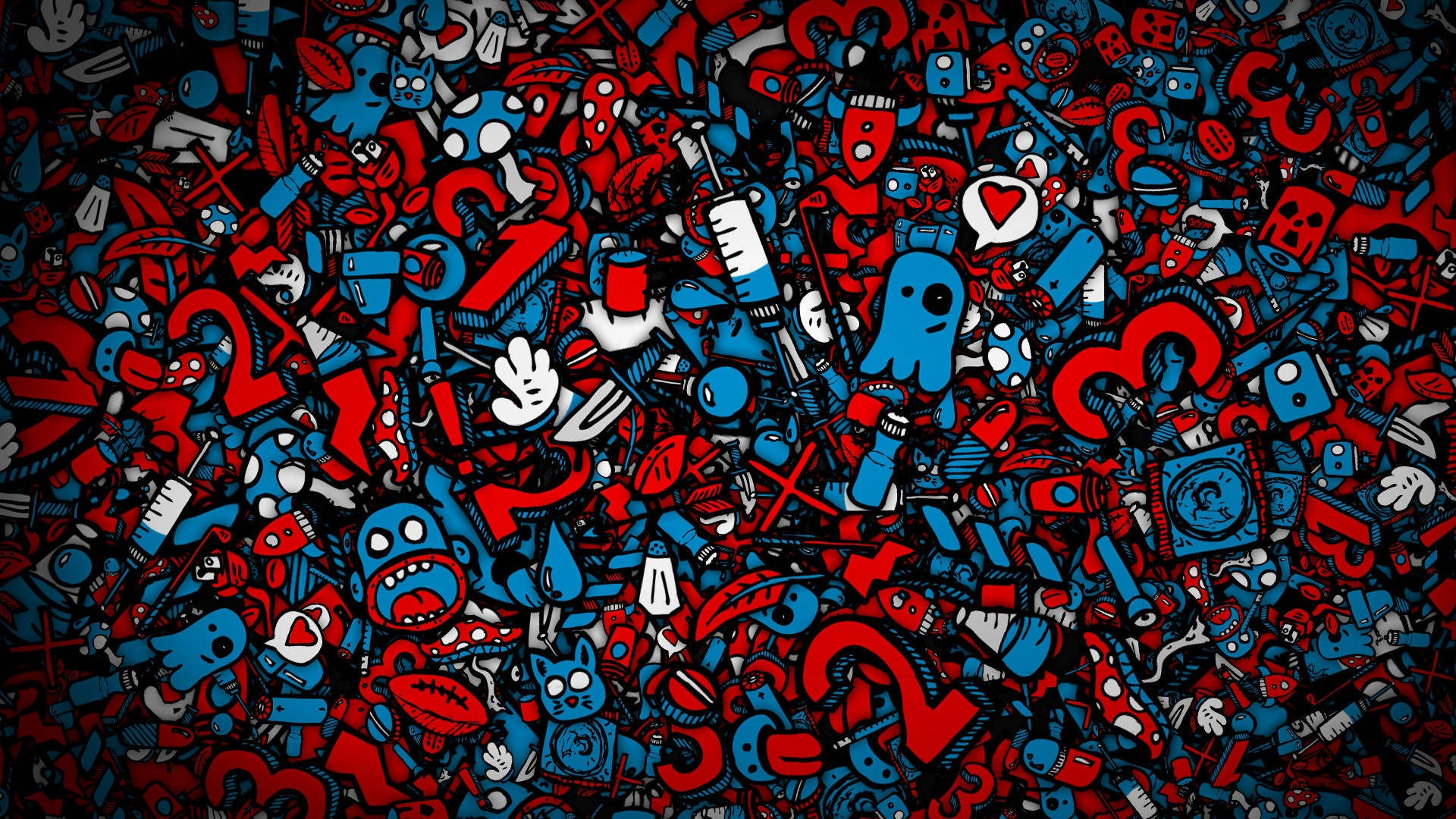 blue, red, cartoonish doodles, Full HD Desktop Wallpaper