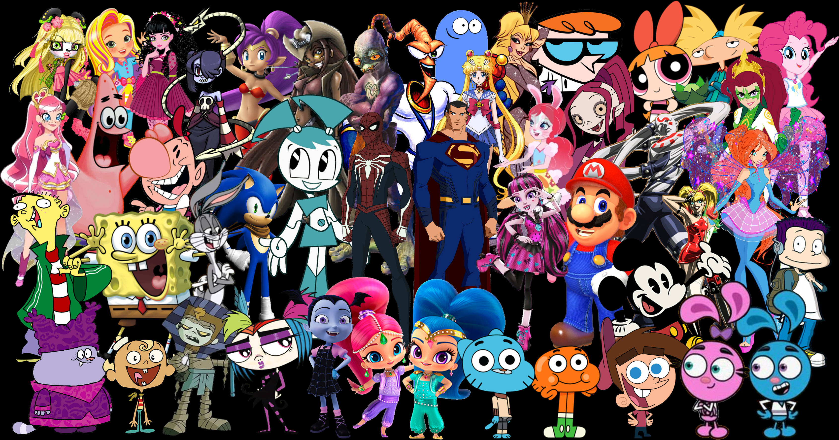 Cartoon Characters Collage, iconic animated characters, various franchises, 2K Desktop Wallpaper