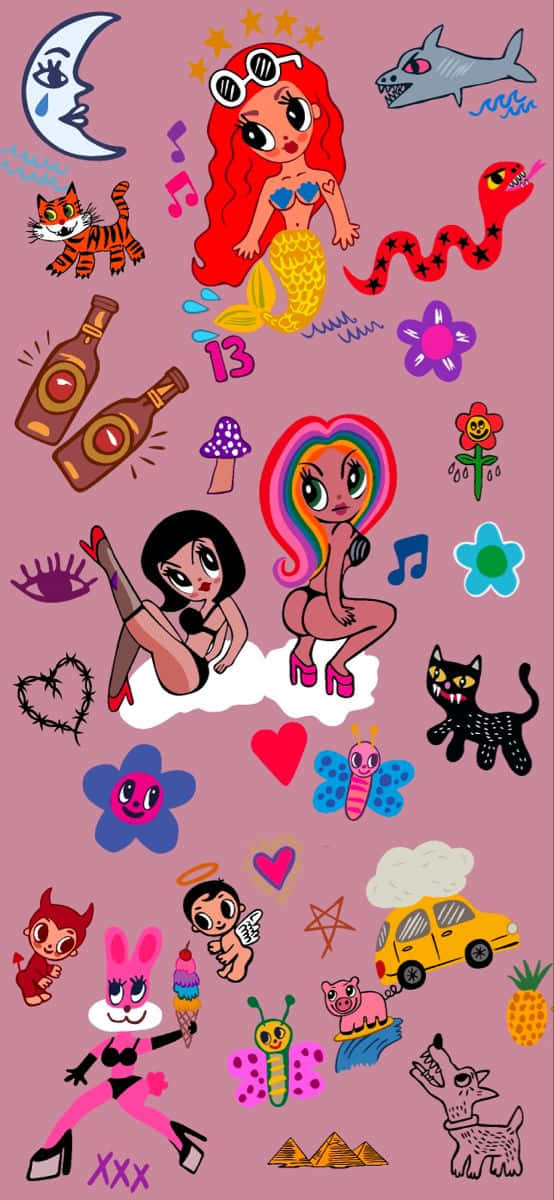 whimsical cartoon collage art, pink, mermaids, SD Phone Wallpaper